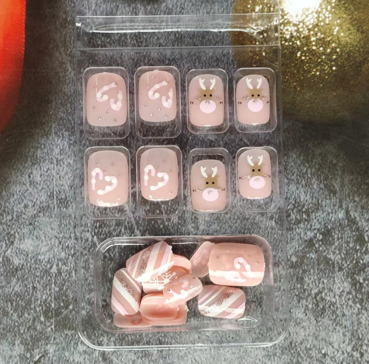 Pink Reindeer Snowflake Candy Cane Christmas Press-On Nails Acrylic Fake Nails - Free Shipping