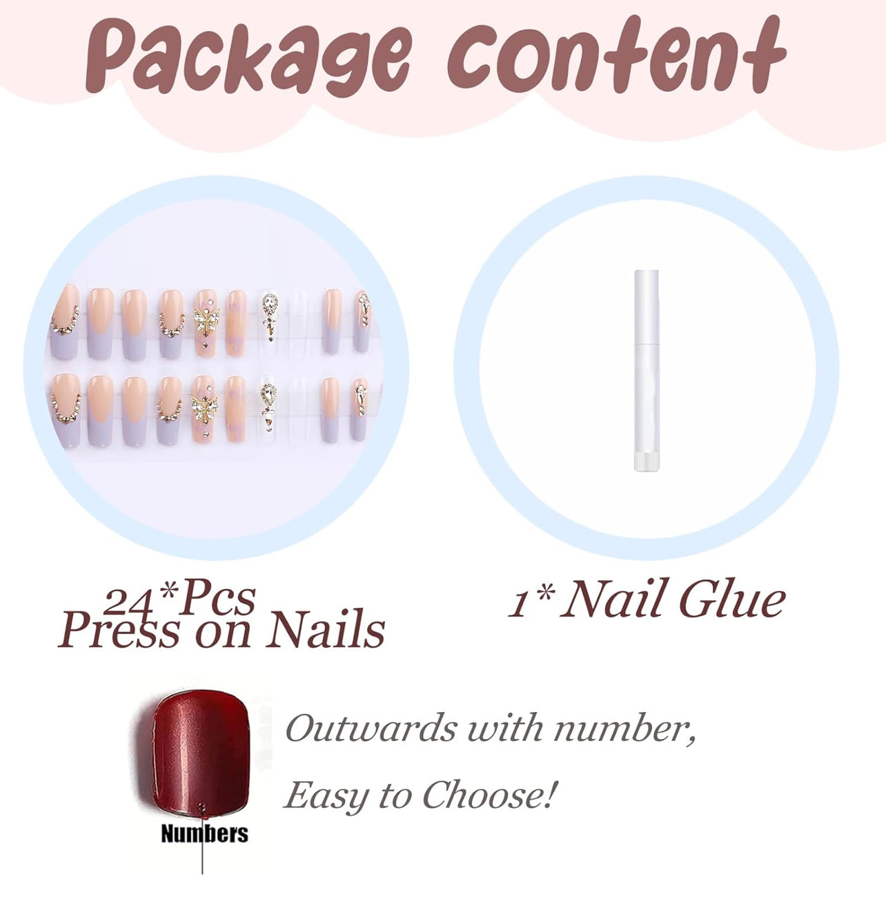 Butterfly Rhinestone French Coffin Press-On Nails Acrylic Fake Nails - Free Shipping