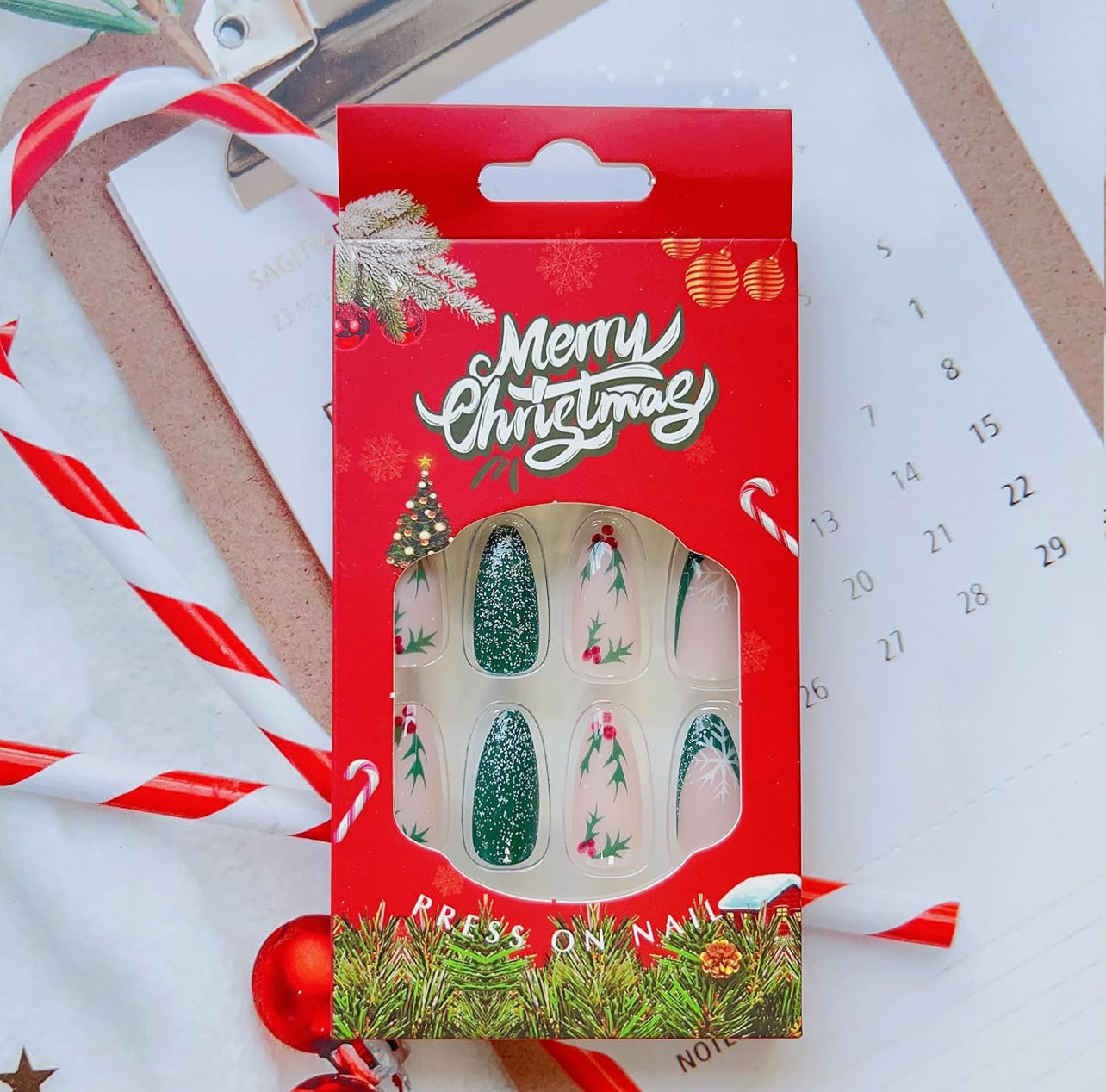 Holiday Cranberries Garland Glitter Stiletto Press-On Nails Acrylic False Nails-Free Shipping