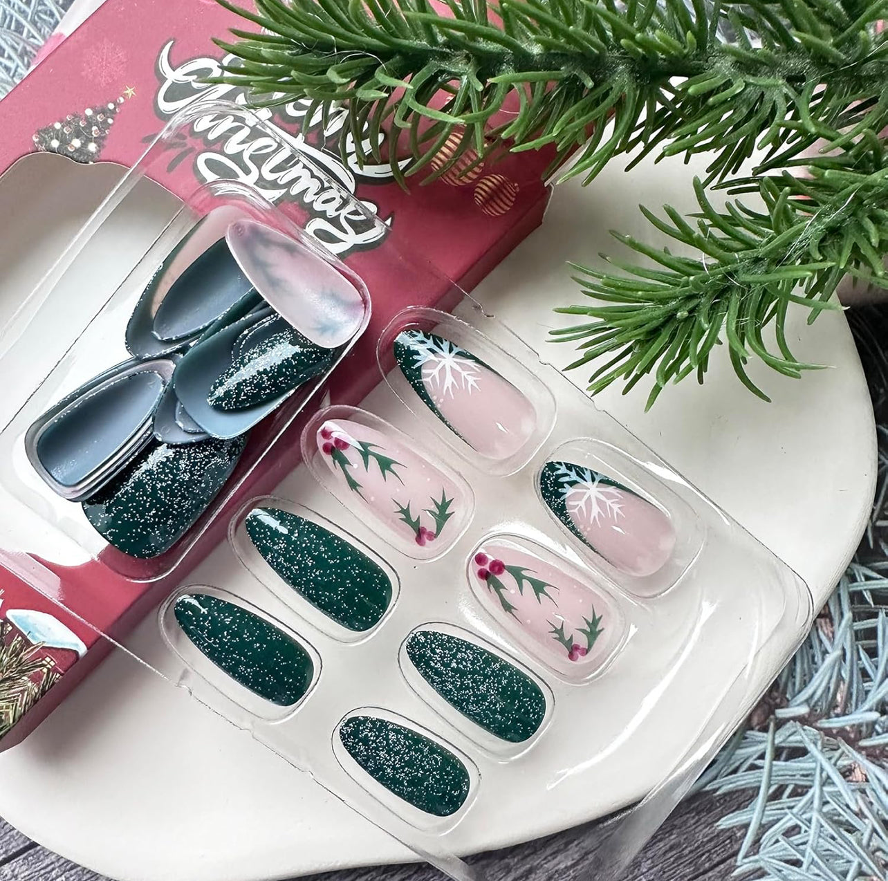 Holiday Cranberries Garland Glitter Stiletto Press-On Nails Acrylic False Nails-Free Shipping