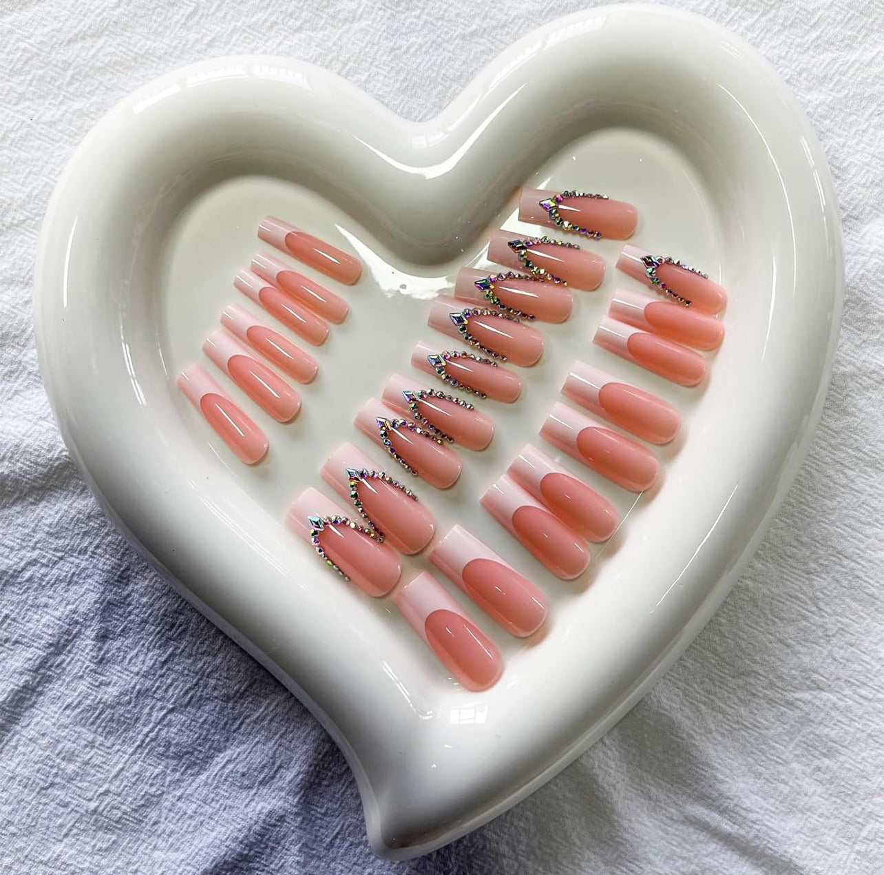 Pink French Rhinestone Long Coffin Press-on Nails Acrylic False Nails - Free Shipping