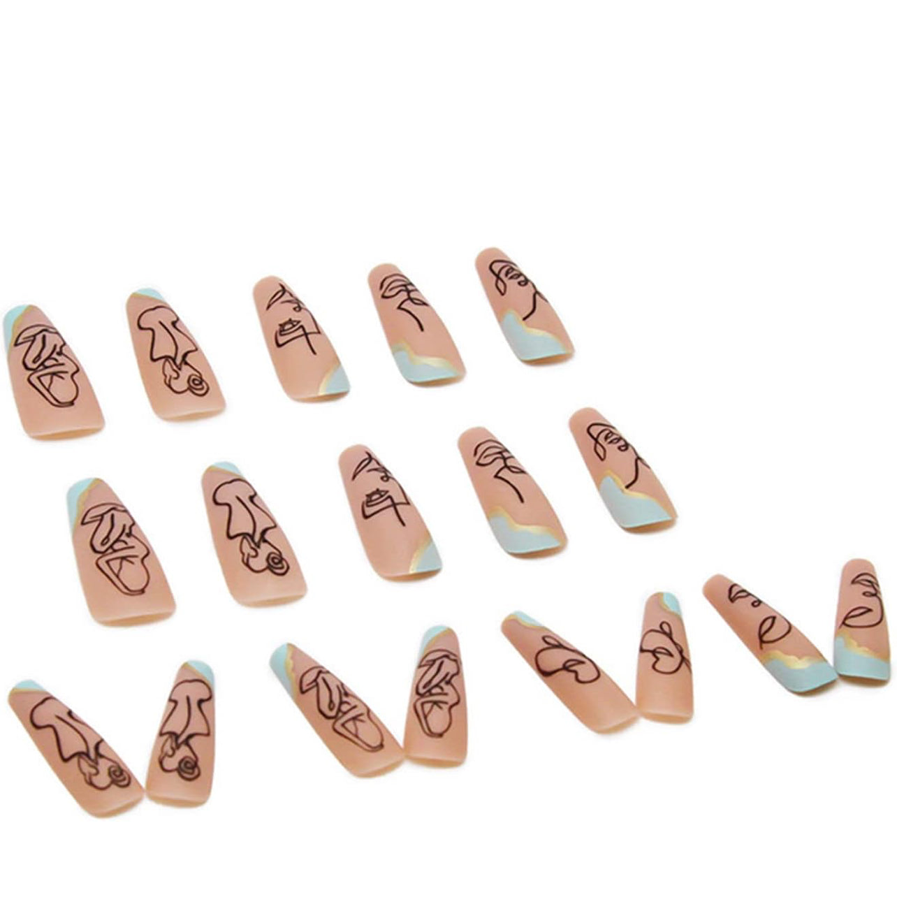 Abstract Line Art Press-On Nails Minimalist Face and Floral Design Long Coffin Acrylic Nails-Free Shipping