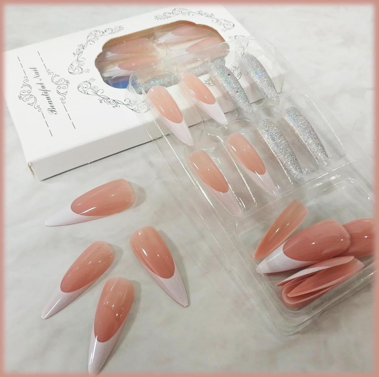 Stiletto Long Press On Nail French Tip Silver White-Free Shipping - Lady Luana Luxe Nails