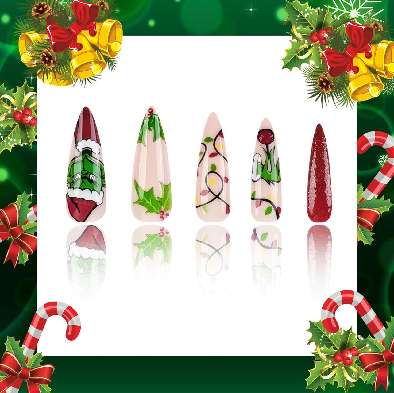 Red Glitter Grinch Christmas Press-On Stiletto Nails Acrylic Holiday Nails - Free Shipping