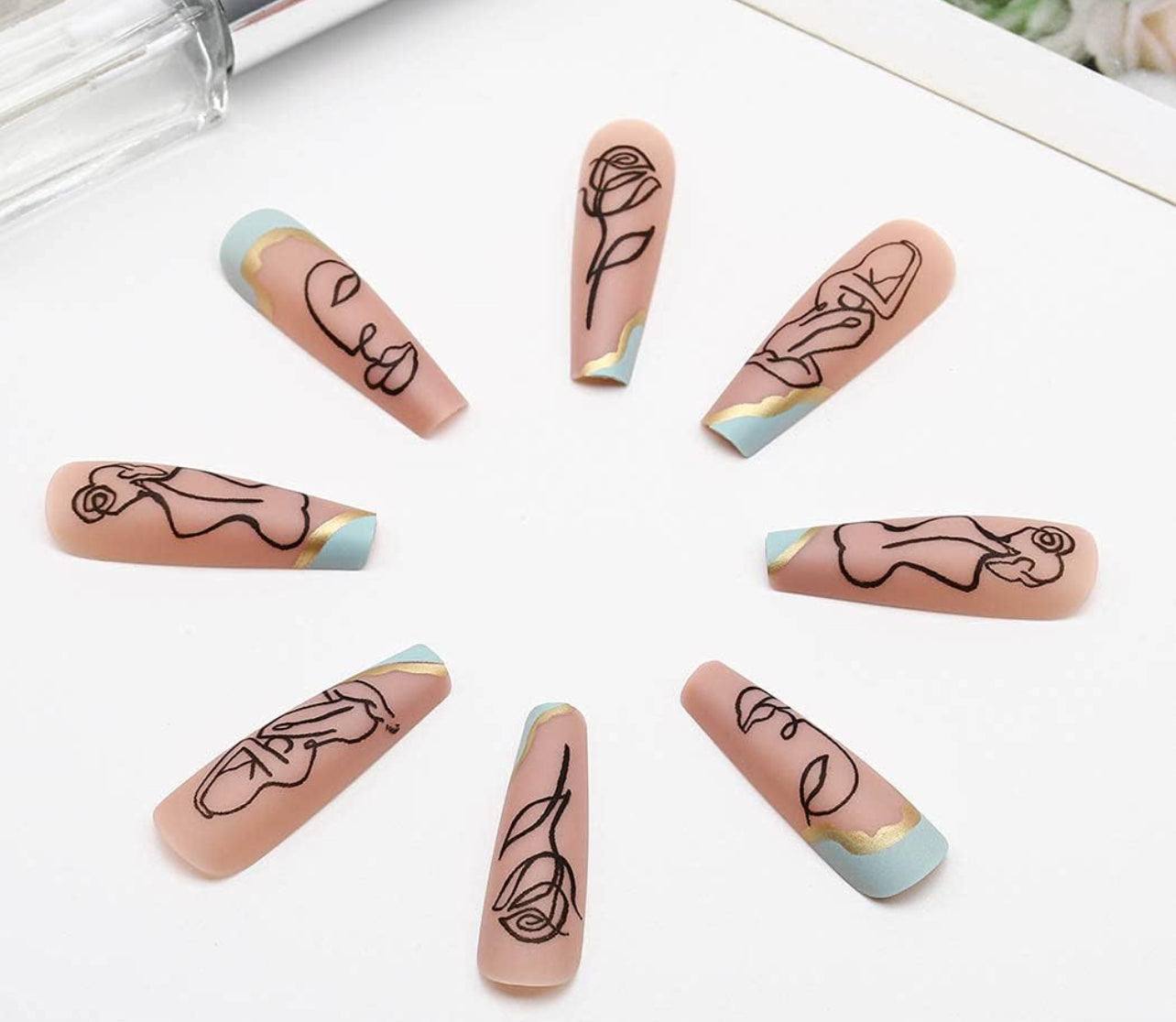Abstract Line Art Press-On Nails Minimalist Face and Floral Design Long Coffin Acrylic Nails-Free Shipping