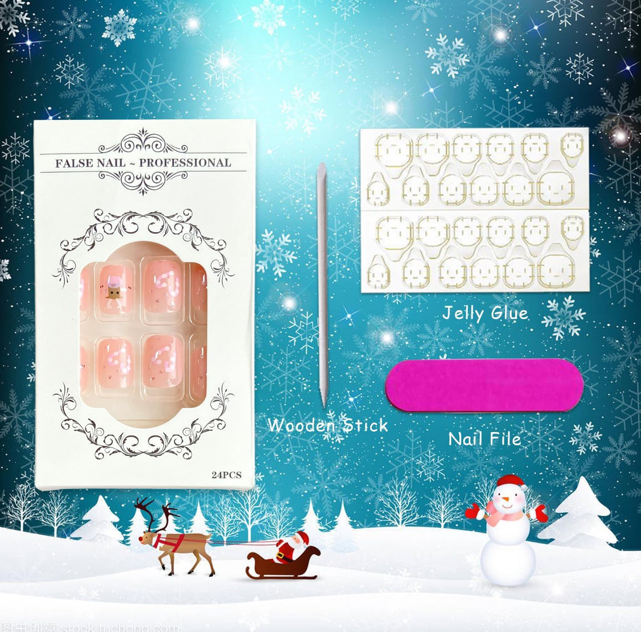 Pink Reindeer Snowflake Candy Cane Christmas Press-On Nails Acrylic Fake Nails - Free Shipping