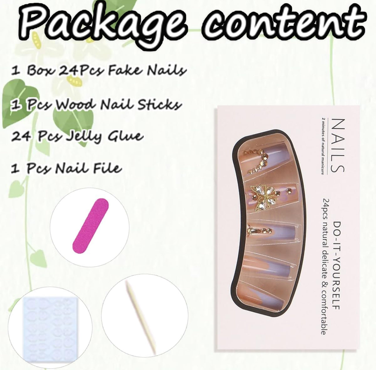 Butterfly Rhinestone French Coffin Press-On Nails Acrylic Fake Nails - Free Shipping