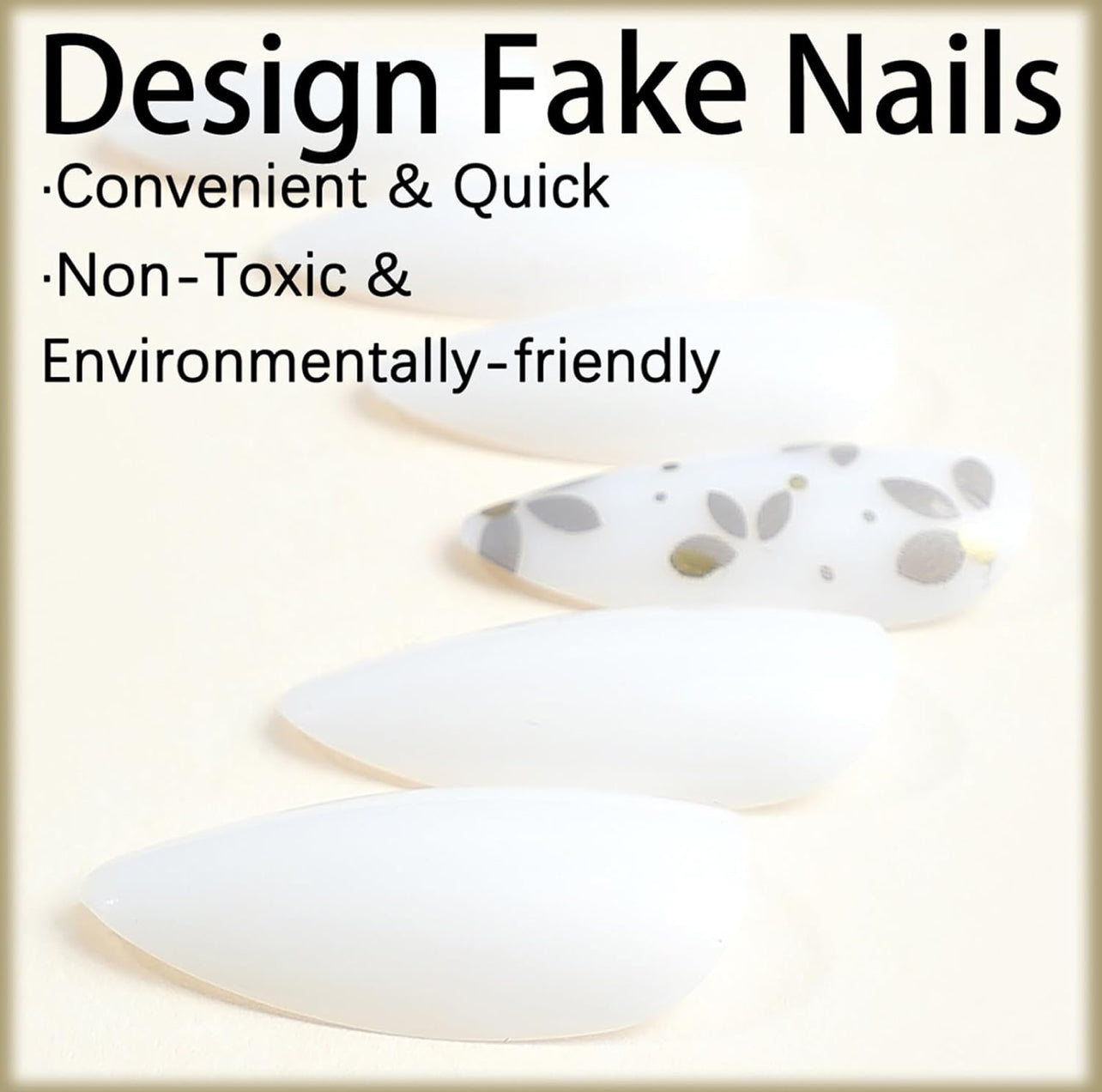 Stylish White Leaf Almond Press on Nails Fake Acrylic Gel on Nails - Free Shipping