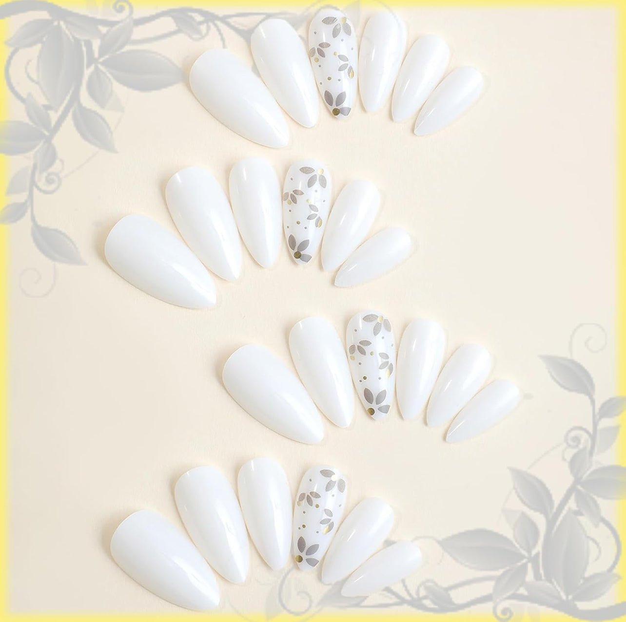 Stylish White Leaf Almond Press on Nails Fake Acrylic Gel on Nails - Free Shipping