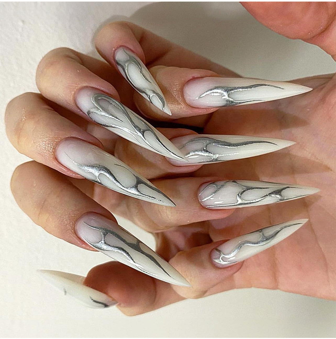 Stiletto White Silver Milky Press on Nails-Free Shipping - Lady Luana Luxe Nails