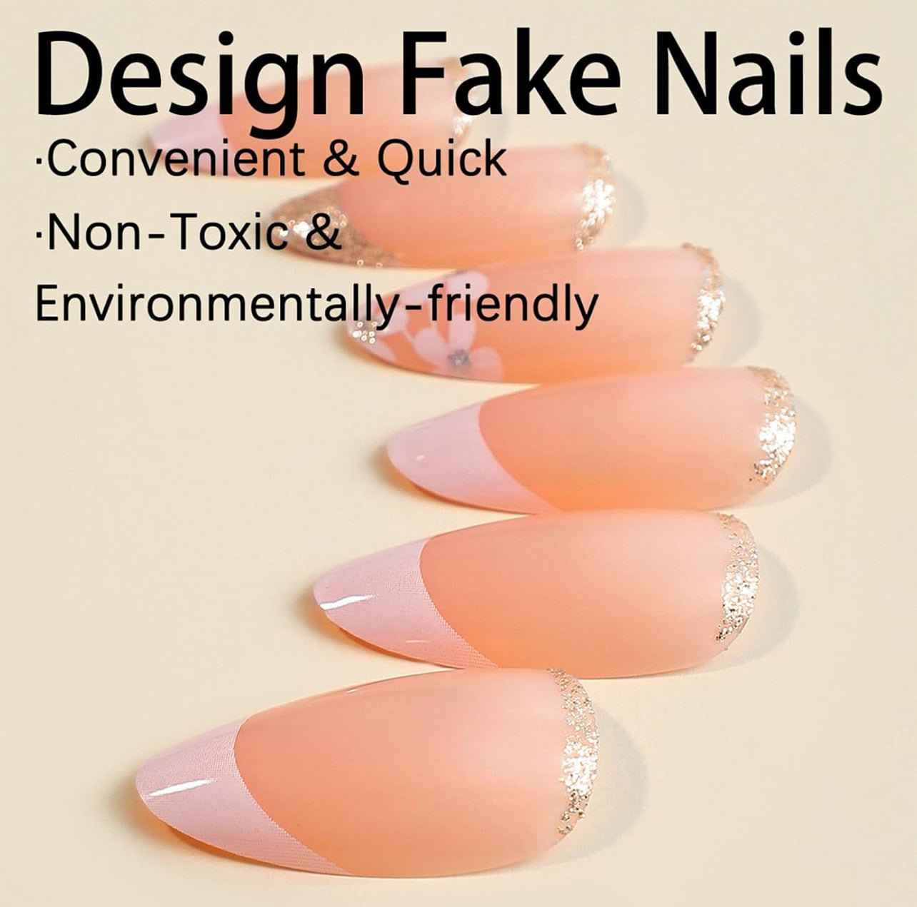 Elegant Gold Glitter Almond French Tip Press-On Fake Nails- Free Shipping