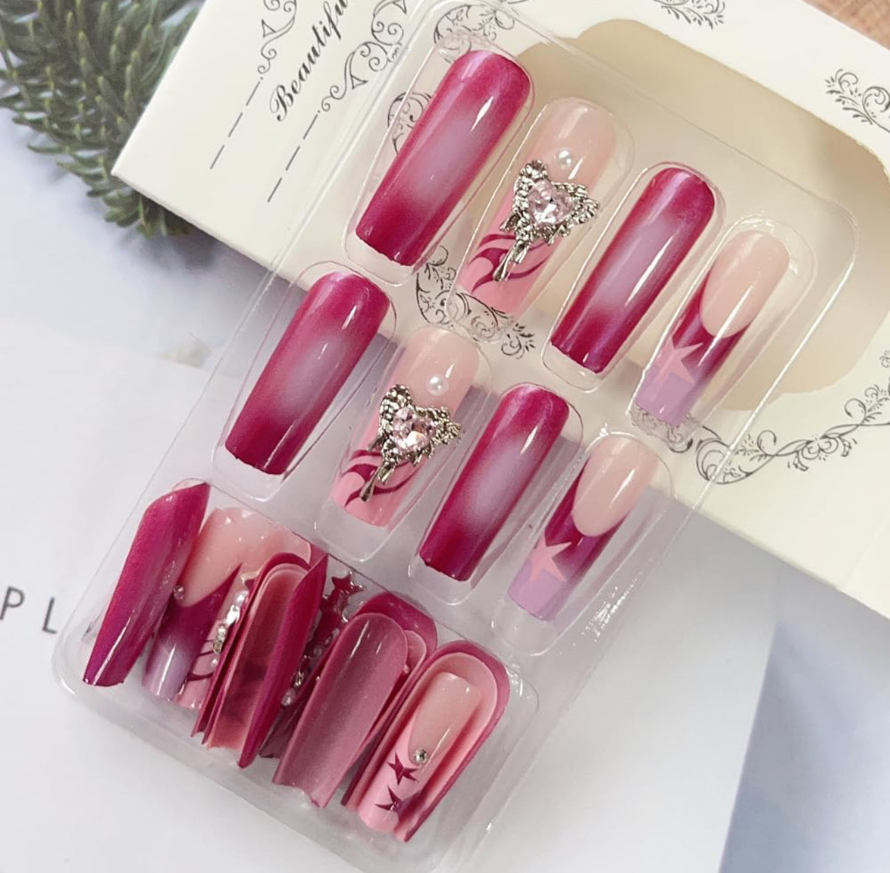 3D Rhinestone Metallic Star Long Coffin Press-On Nails Acrylic False Nails– Free Shipping