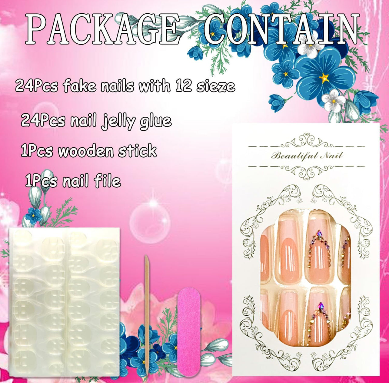 Pink French Rhinestone Long Coffin Press-on Nails Acrylic False Nails - Free Shipping