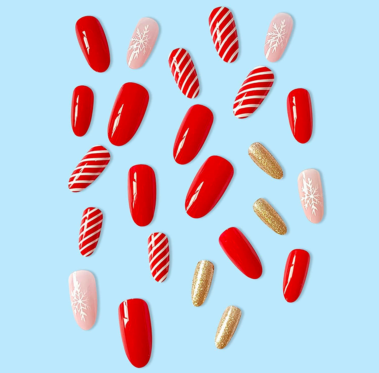 Candy Stripe Snowflake Glitter Press-On Nails Christmas False Nails – Free Shipping