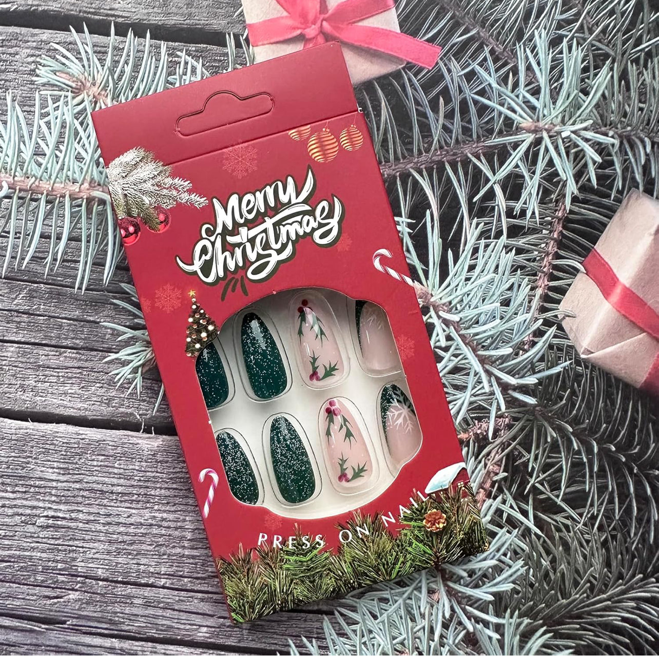 Holiday Cranberries Garland Glitter Stiletto Press-On Nails Acrylic False Nails-Free Shipping