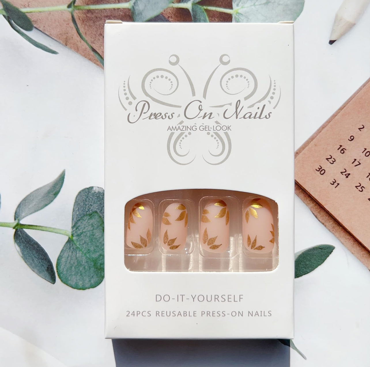 Trendy Gold Leaf Pink Almond Press-On Nails Acrylic Fake Gel on Nails-Free Shipping
