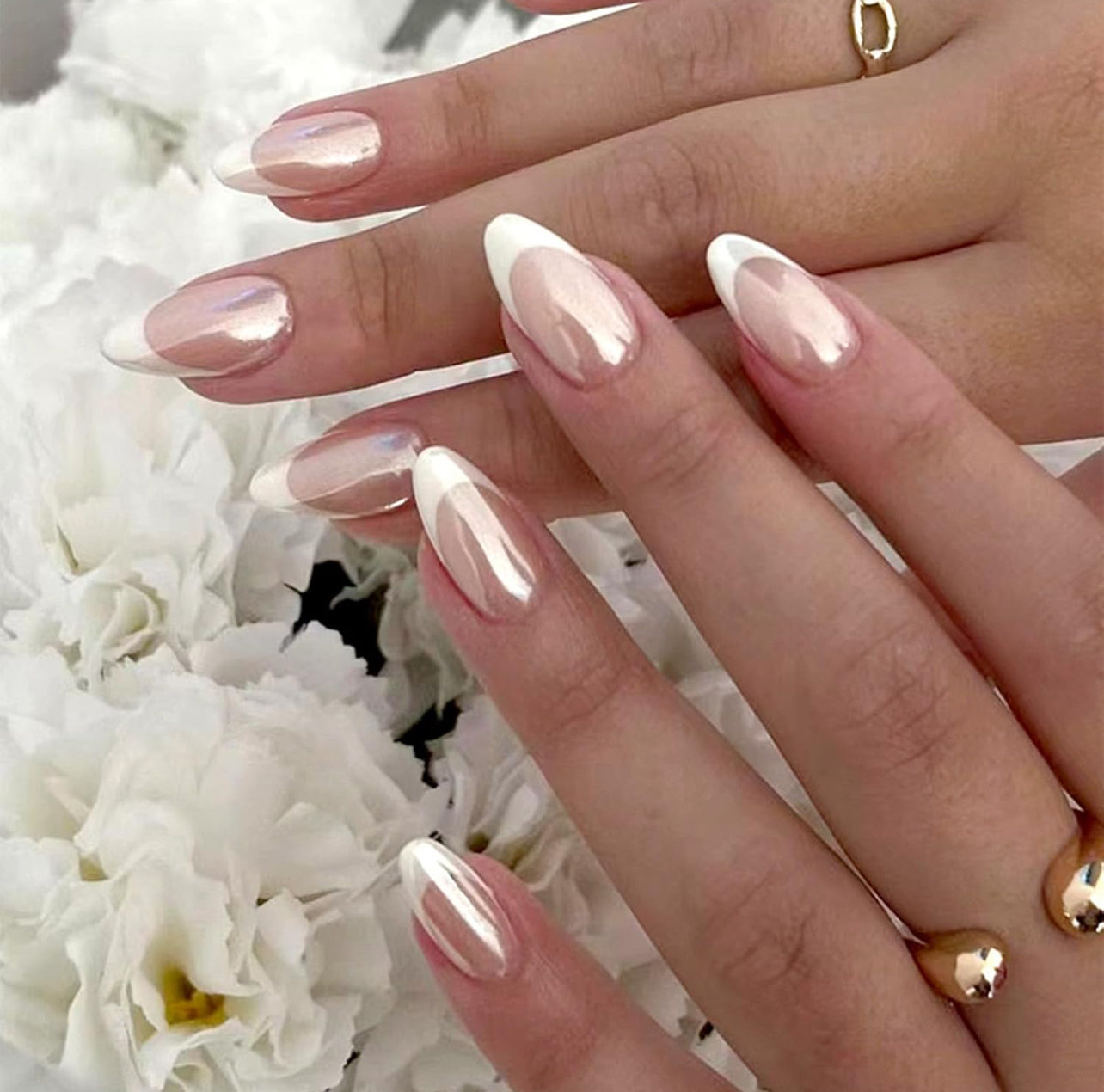 White Pink Press on Nails, Medium Almond Acrylic False Nails - Free Shipping