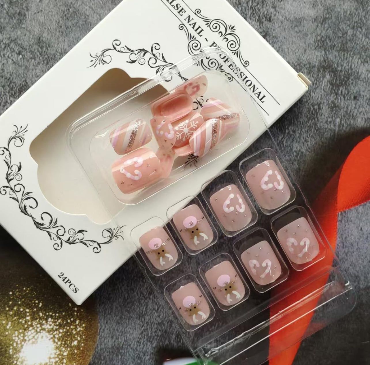 Pink Reindeer Snowflake Candy Cane Christmas Press-On Nails Acrylic Fake Nails - Free Shipping
