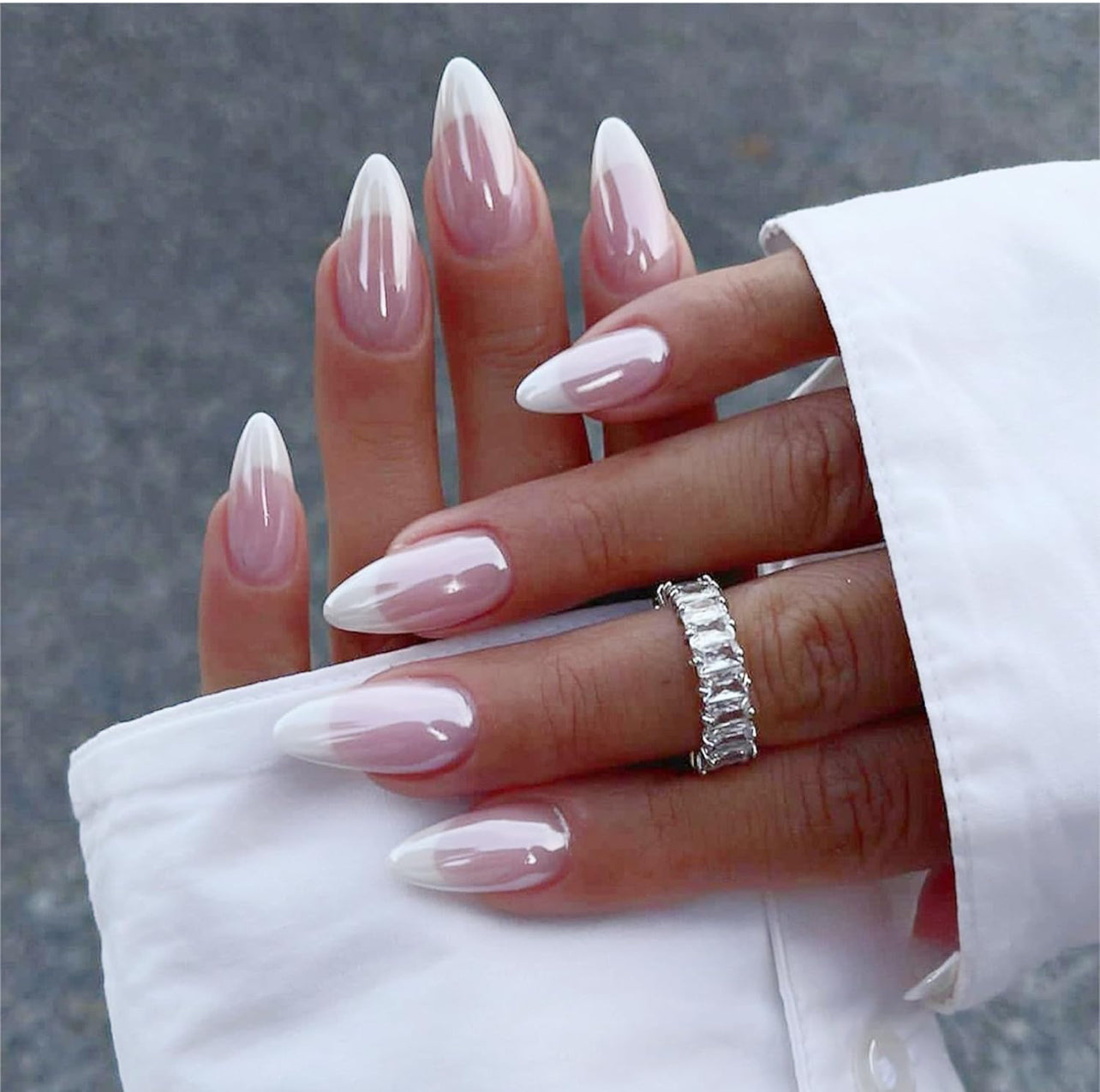 White Pink Press on Nails, Medium Almond Acrylic False Nails - Free Shipping