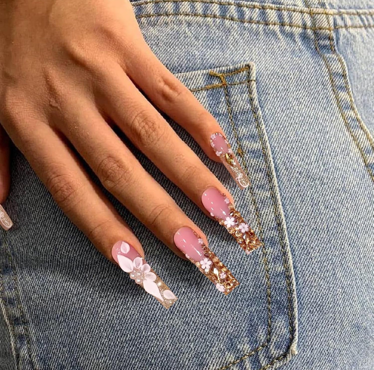 3D Gold Glitter Rhinestone Flower Long Coffin Press-On Nails Acrylic False Nails-Free Shipping