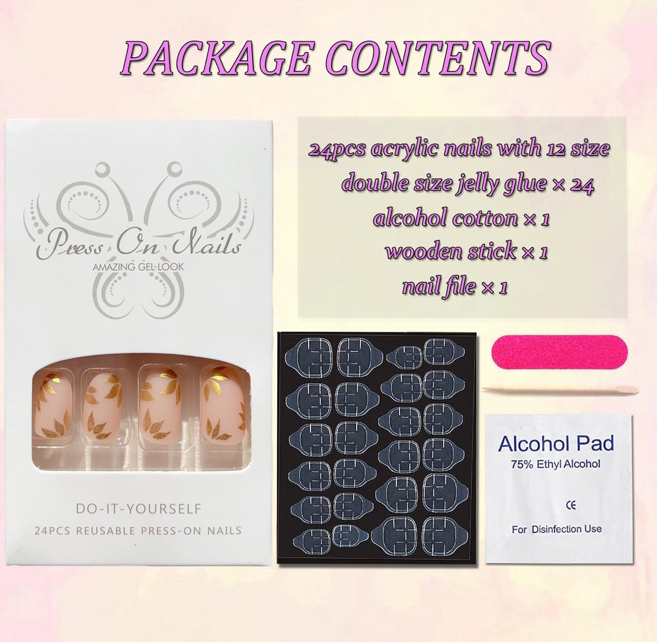 Trendy Gold Leaf Pink Almond Press-On Nails Acrylic Fake Gel on Nails-Free Shipping