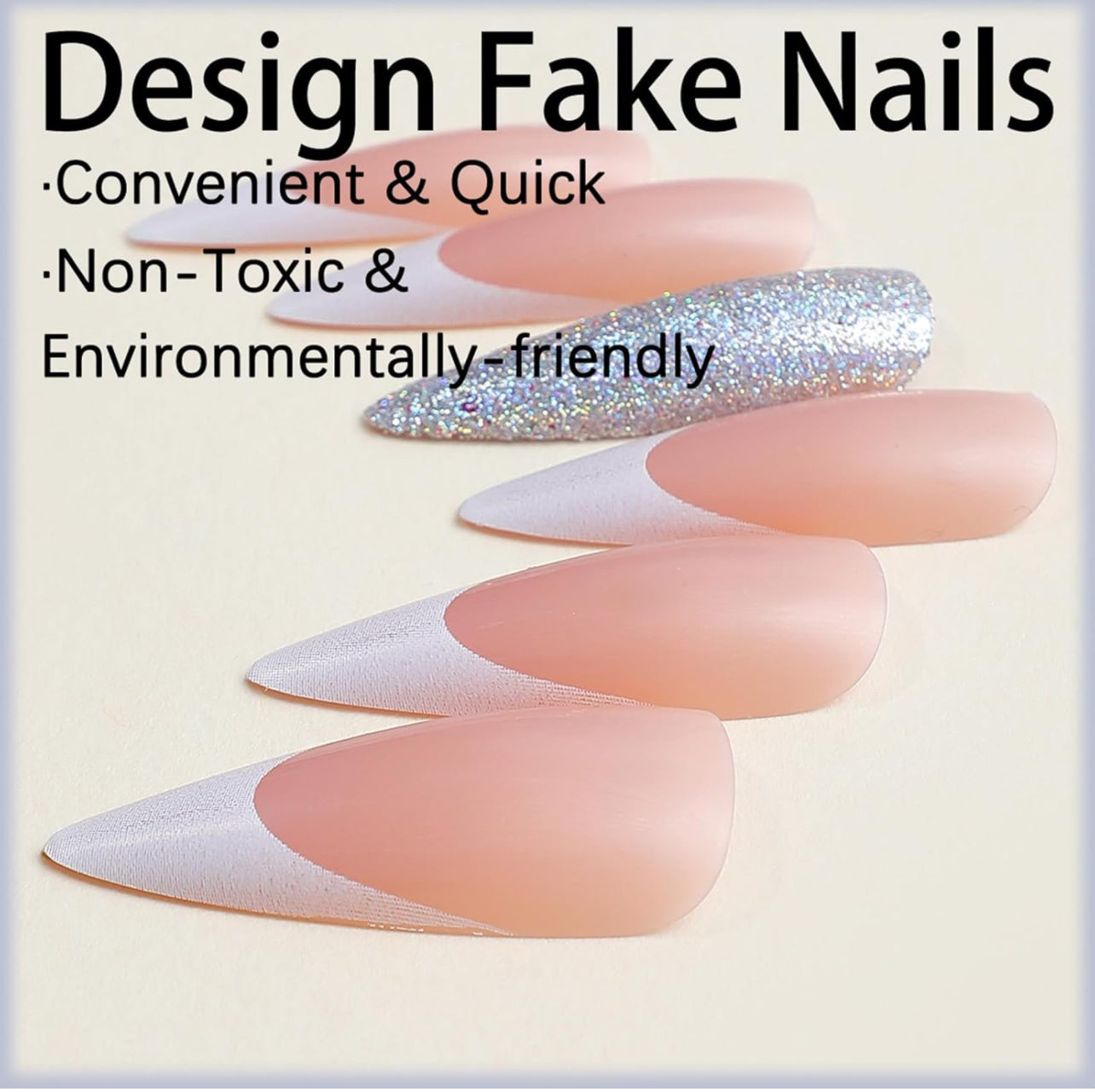 Stiletto Long Press On Nail French Tip Silver White-Free Shipping - Lady Luana Luxe Nails