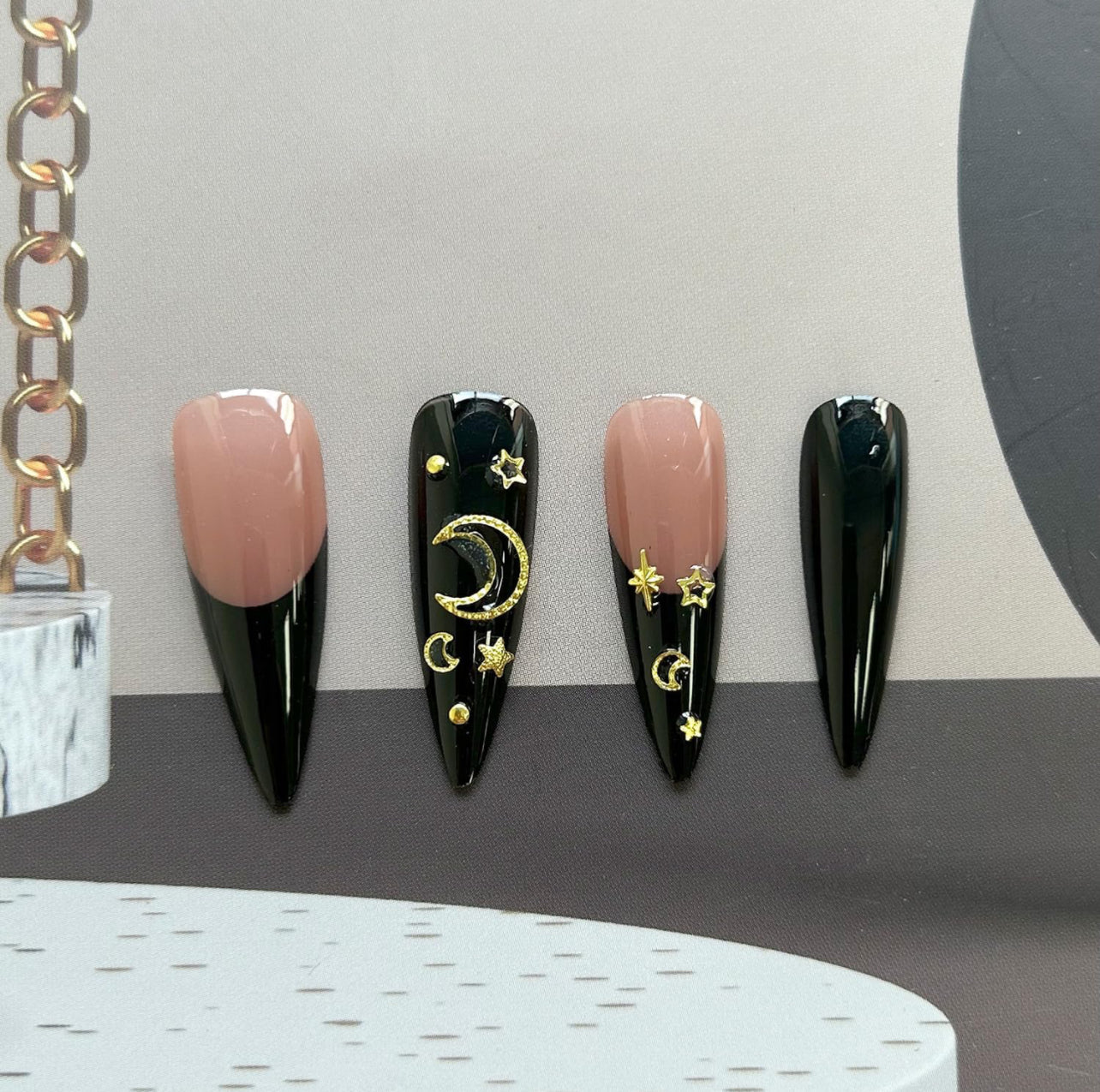 Stiletto Moon Star French Press on Nails Long-Free Shipping - Lady Luana Luxe Nails