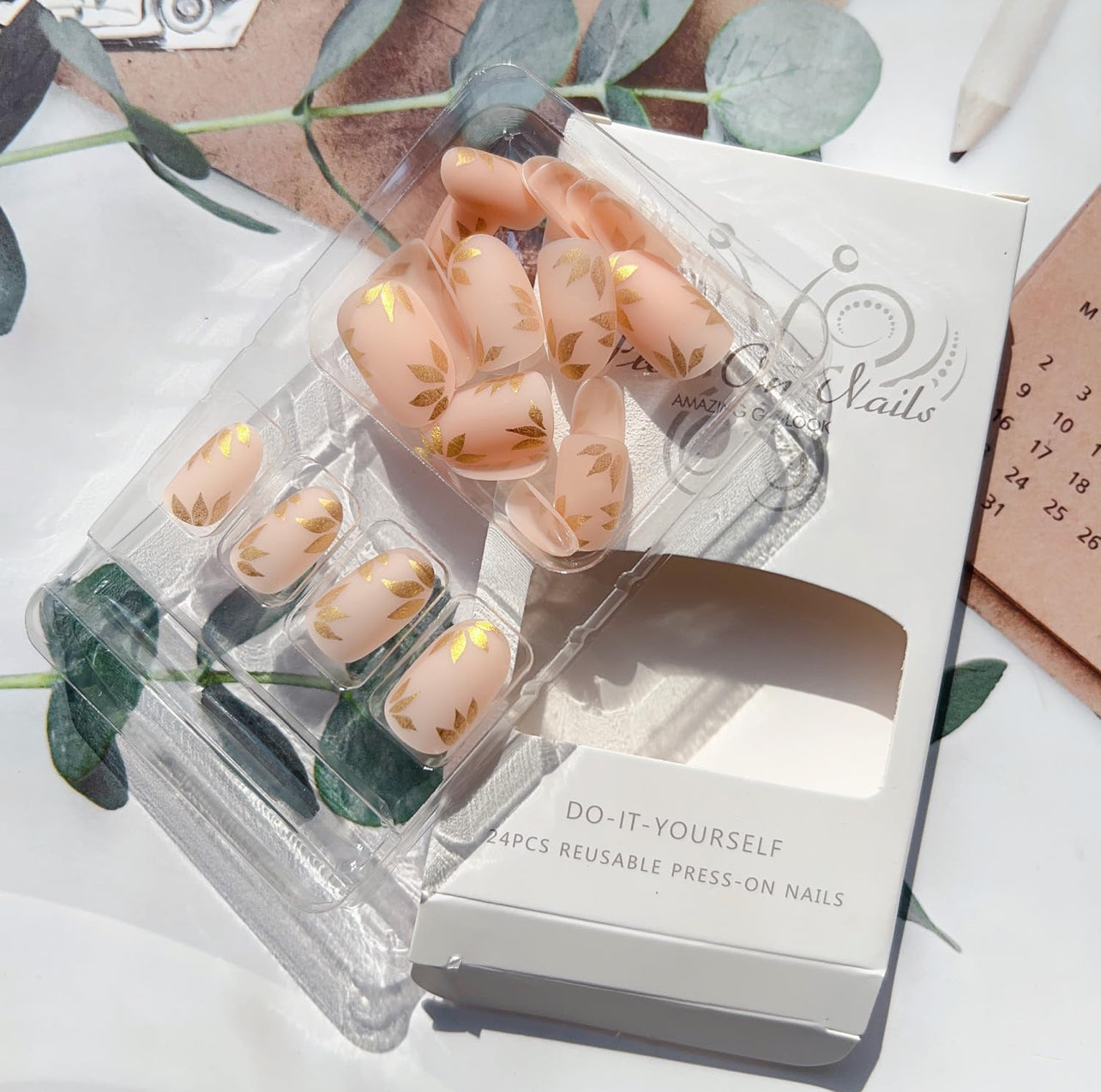 Trendy Gold Leaf Pink Almond Press-On Nails Acrylic Fake Gel on Nails-Free Shipping