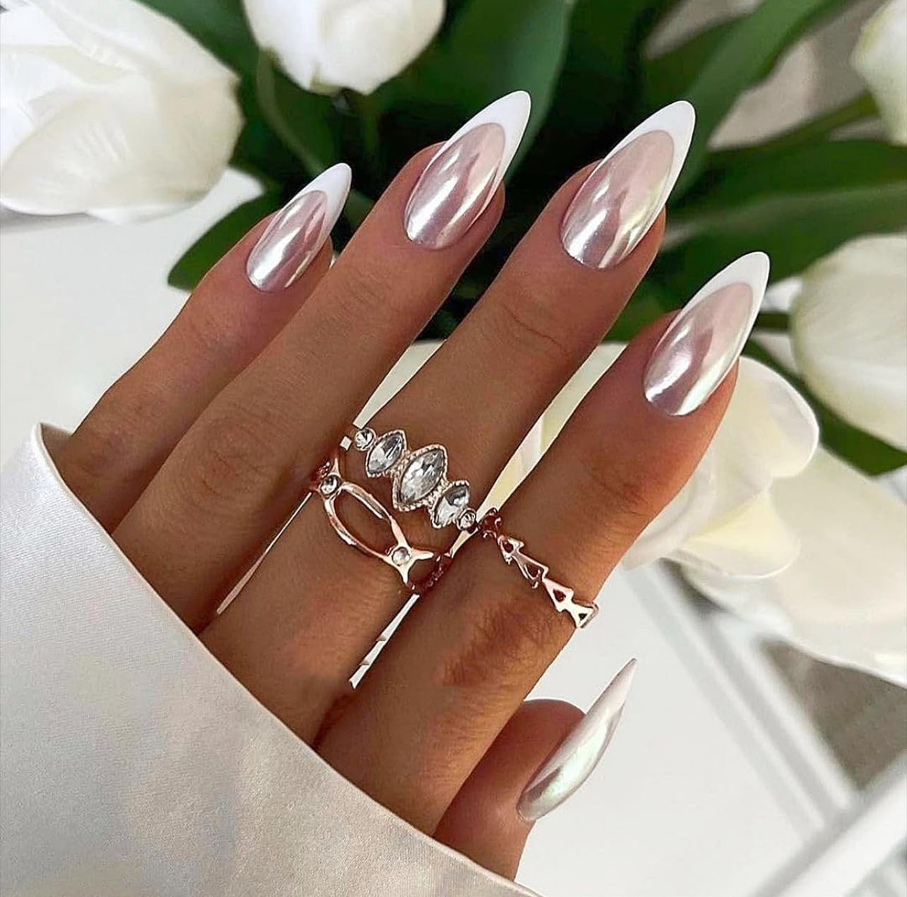 White Pink Press on Nails, Medium Almond Acrylic False Nails - Free Shipping