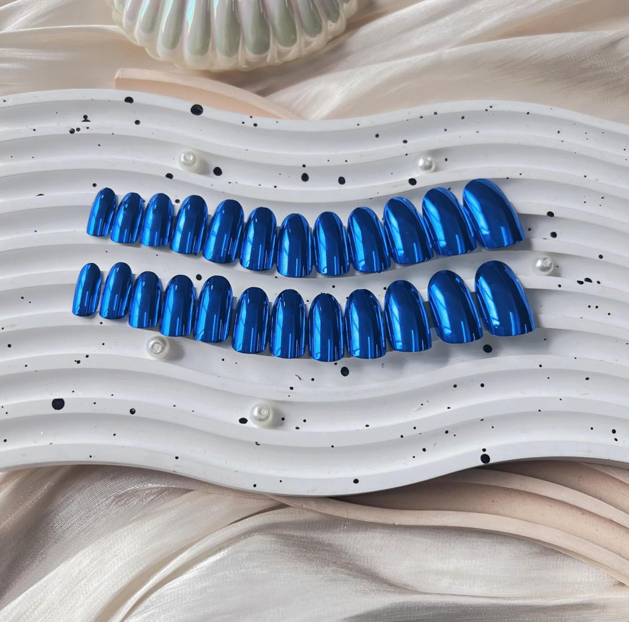 Blue Chrome Metal Press-On Nails Almond False Nails with Mirror Shine - Free Shipping