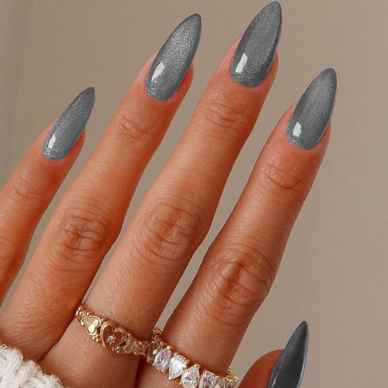 Cat Eye Glitter Almond Press on Acrylic Fake Nails-Free Shipping