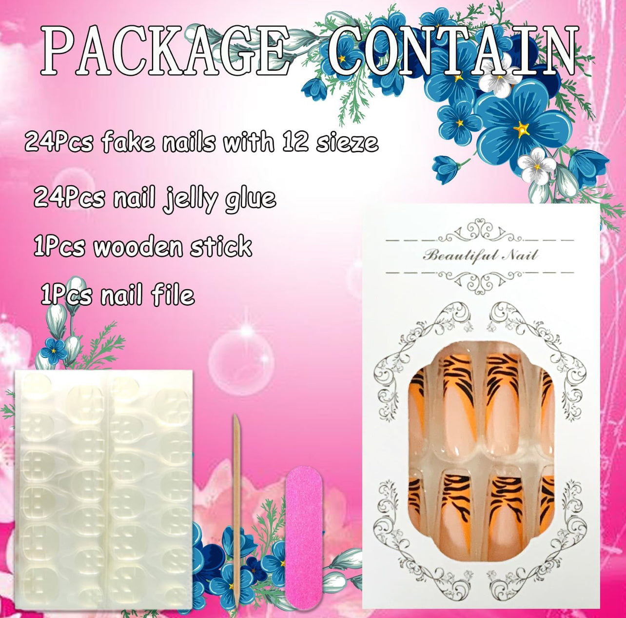 Tiger Print French Long Coffin Press-On Nails Acrylic False Nails - Free Shipping