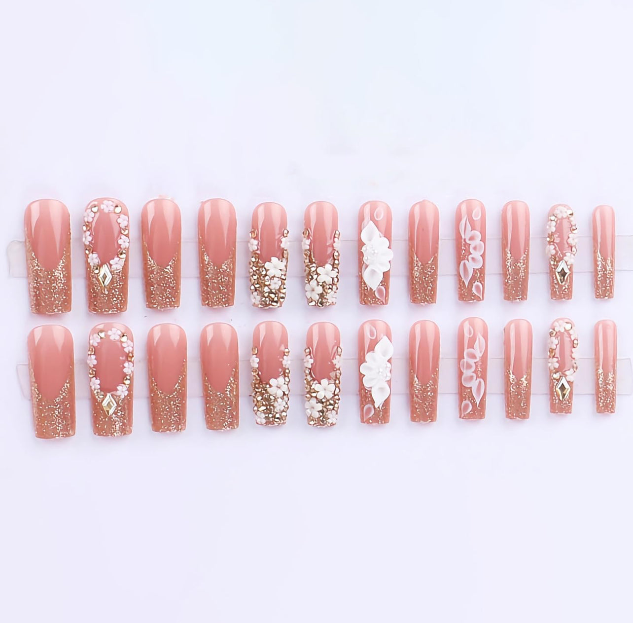 3D Gold Glitter Rhinestone Flower Long Coffin Press-On Nails Acrylic False Nails-Free Shipping