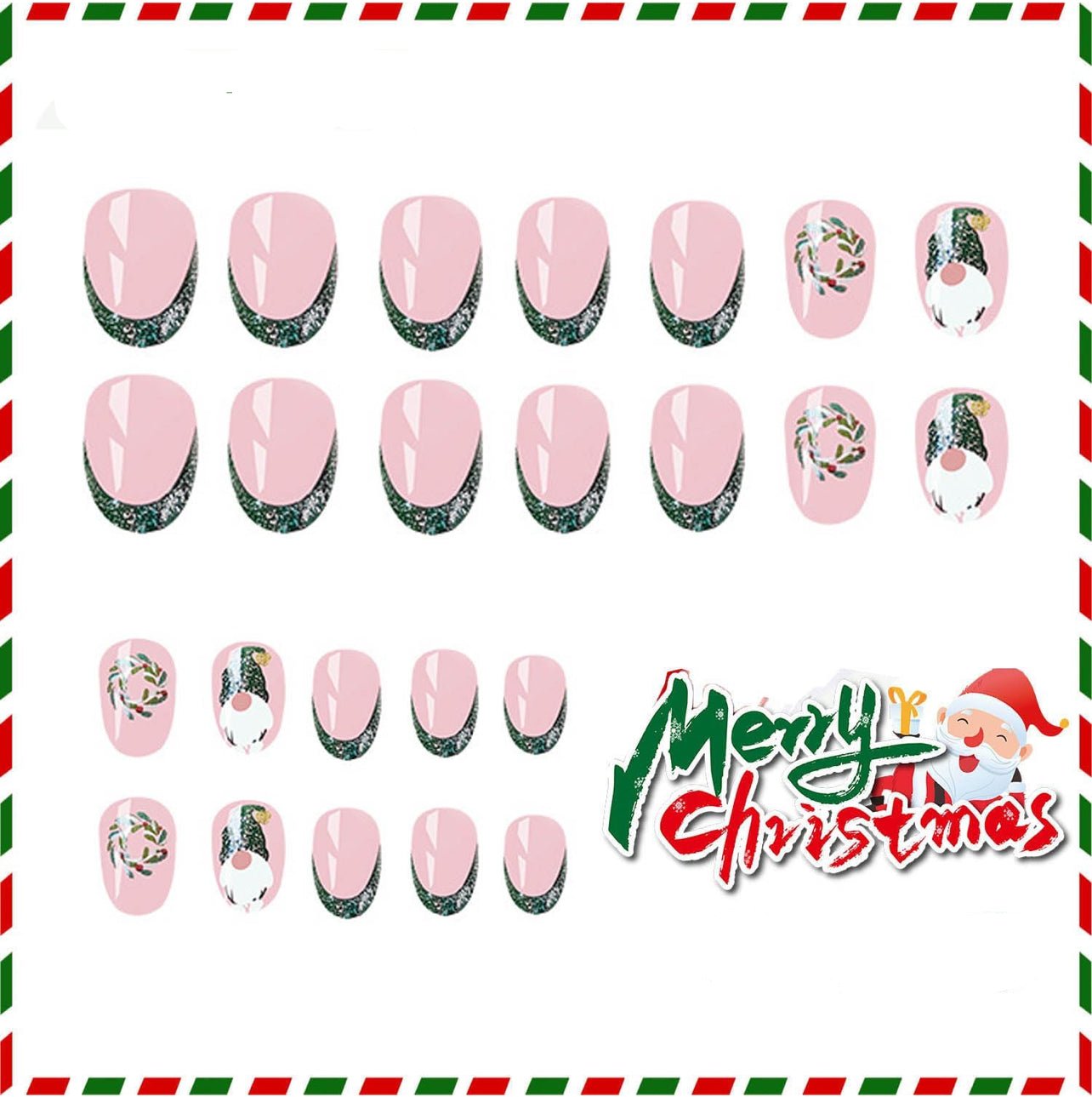 Santa Claus Gnome Glitter Wreath Press-On Nails Acrylic Full Cover Christmas Fake Nails - Free Shipping