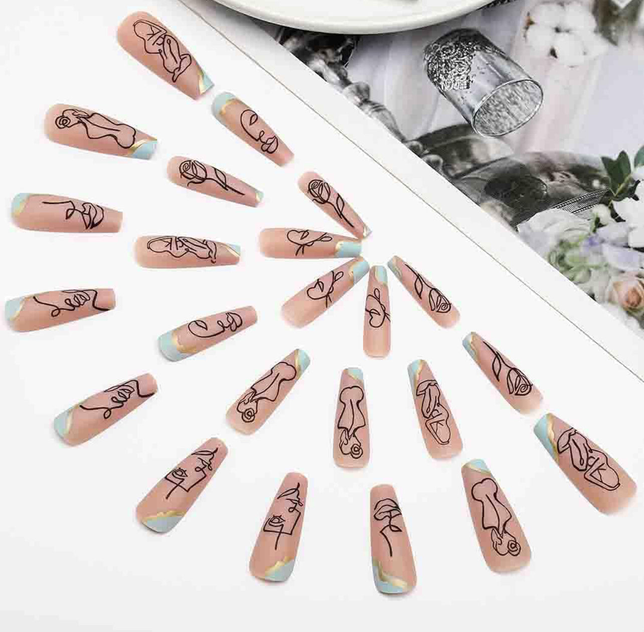 Abstract Line Art Press-On Nails Minimalist Face and Floral Design Long Coffin Acrylic Nails-Free Shipping