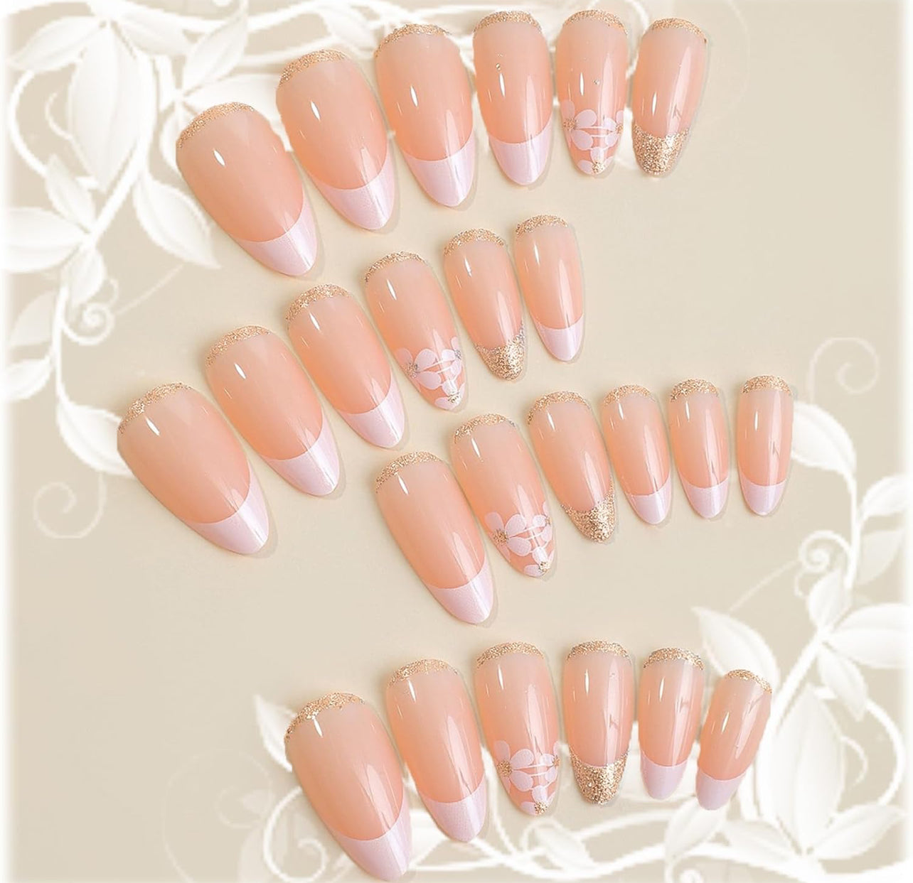 Elegant Gold Glitter Almond French Tip Press-On Fake Nails- Free Shipping