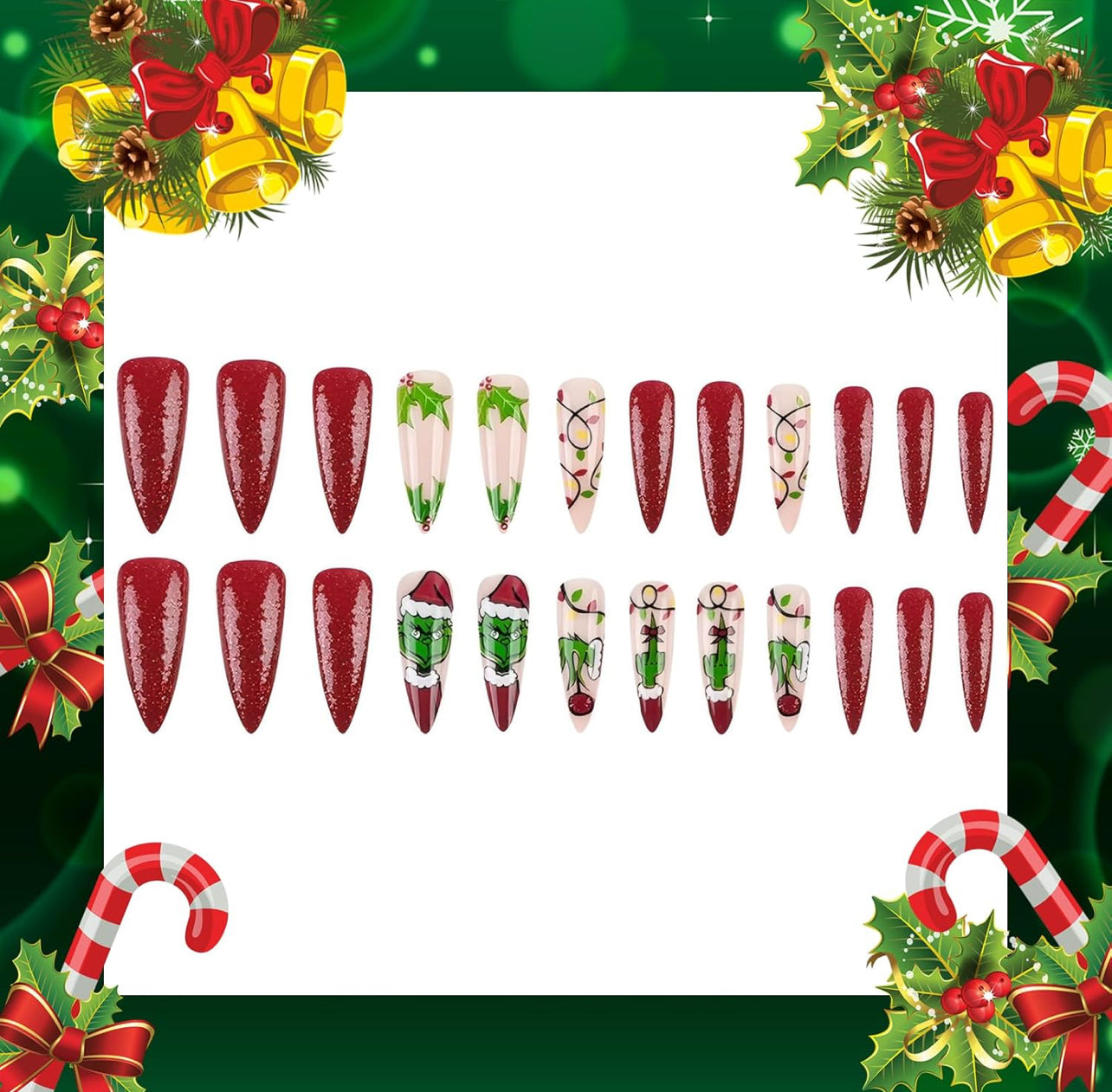 Red Glitter Grinch Christmas Press-On Stiletto Nails Acrylic Holiday Nails - Free Shipping