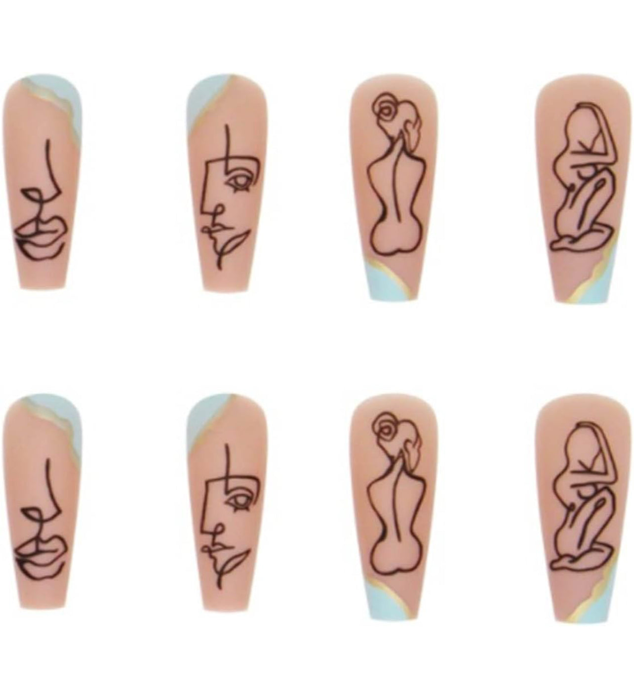 Abstract Line Art Press-On Nails Minimalist Face and Floral Design Long Coffin Acrylic Nails-Free Shipping