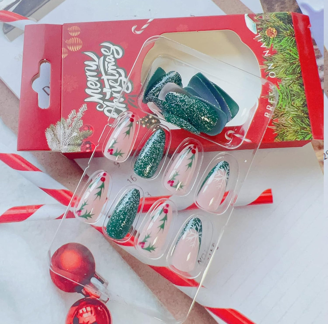Holiday Cranberries Garland Glitter Stiletto Press-On Nails Acrylic False Nails-Free Shipping
