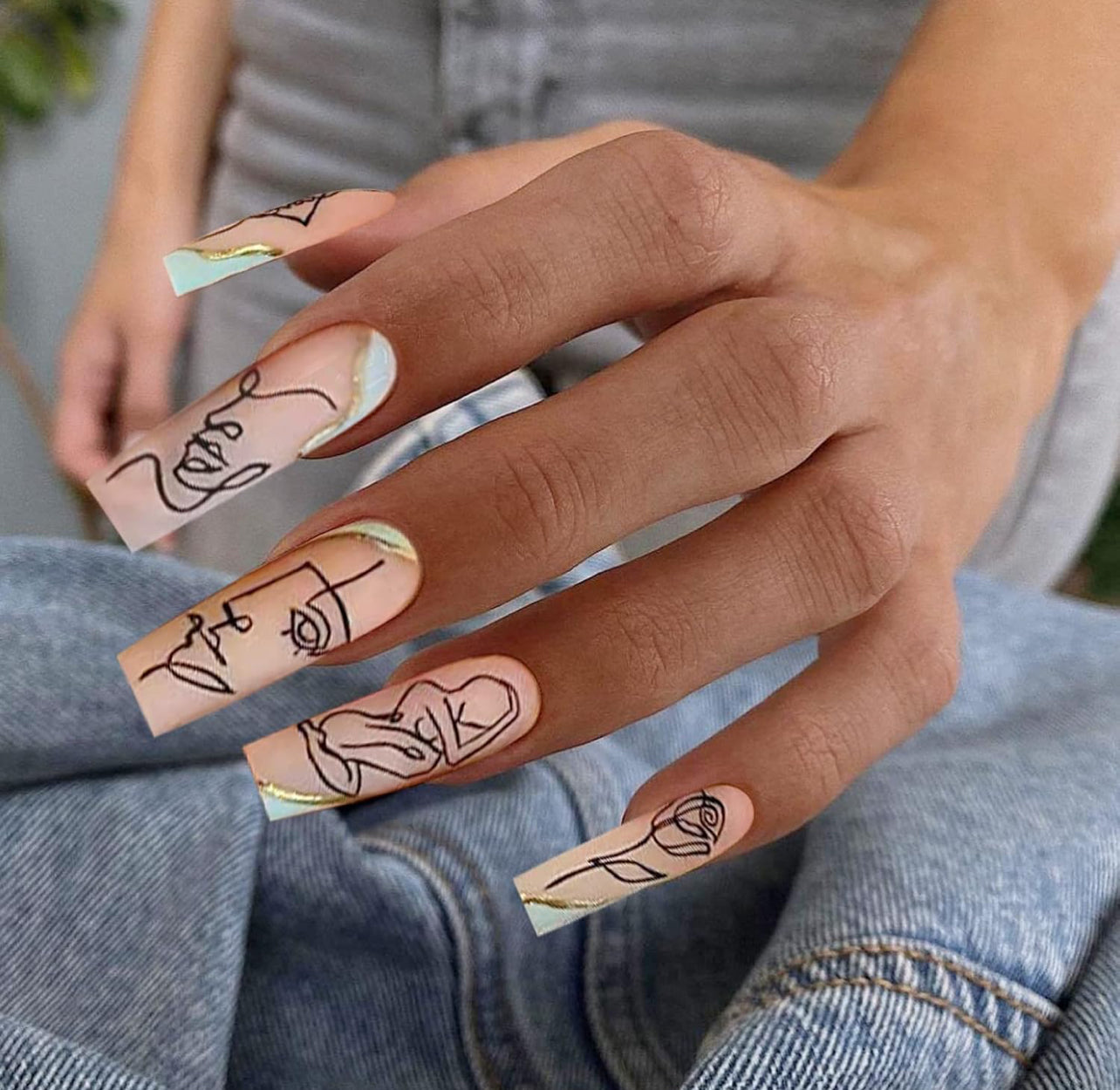 Abstract Line Art Press-On Nails Minimalist Face and Floral Design Long Coffin Acrylic Nails-Free Shipping