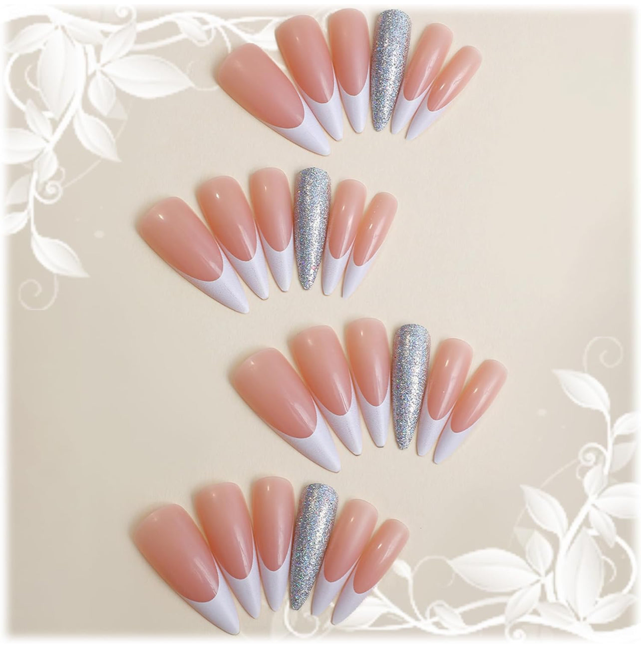 Stiletto Long Press On Nail French Tip Silver White-Free Shipping - Lady Luana Luxe Nails