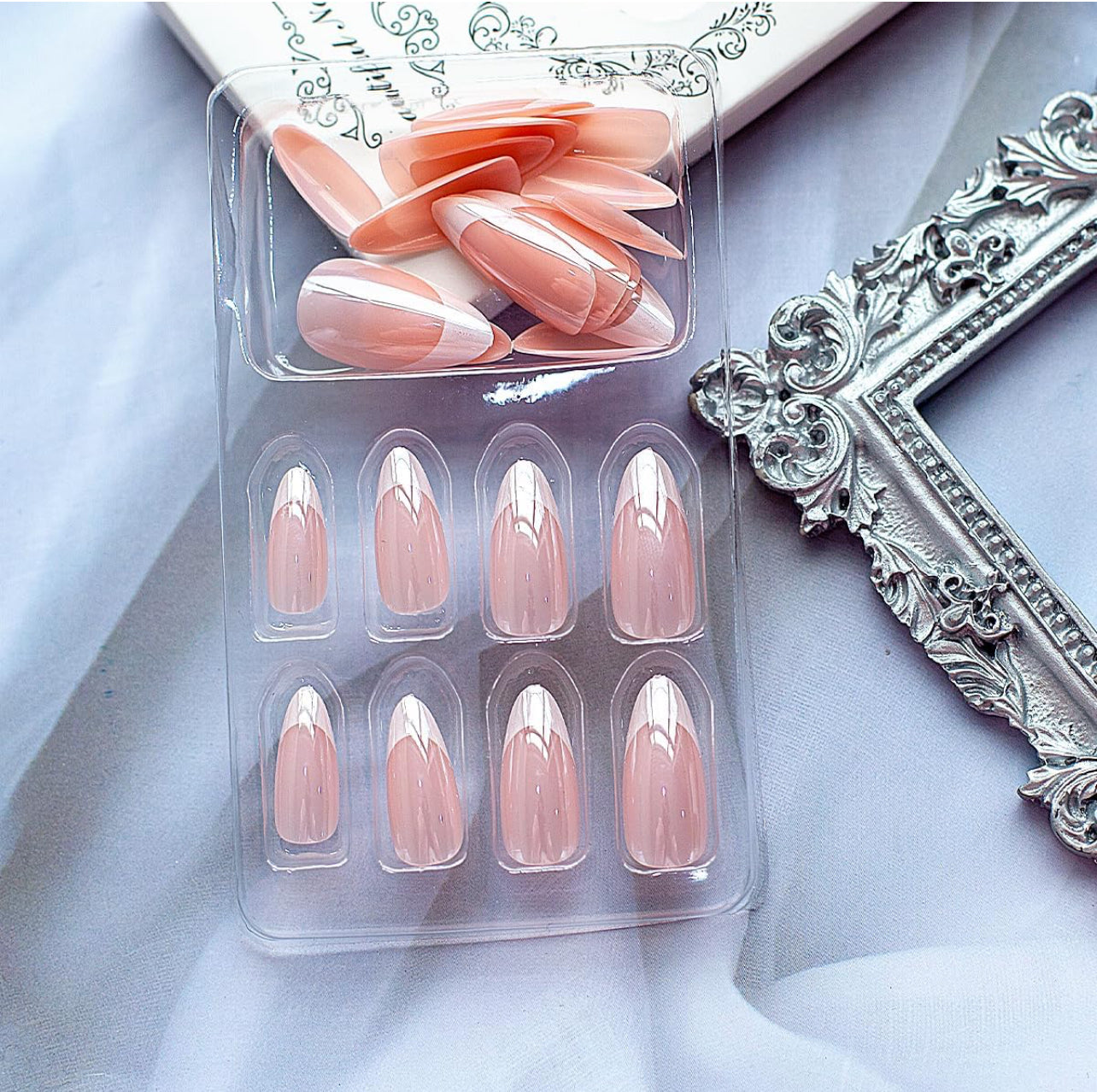 White Pink Press on Nails, Medium Almond Acrylic False Nails - Free Shipping
