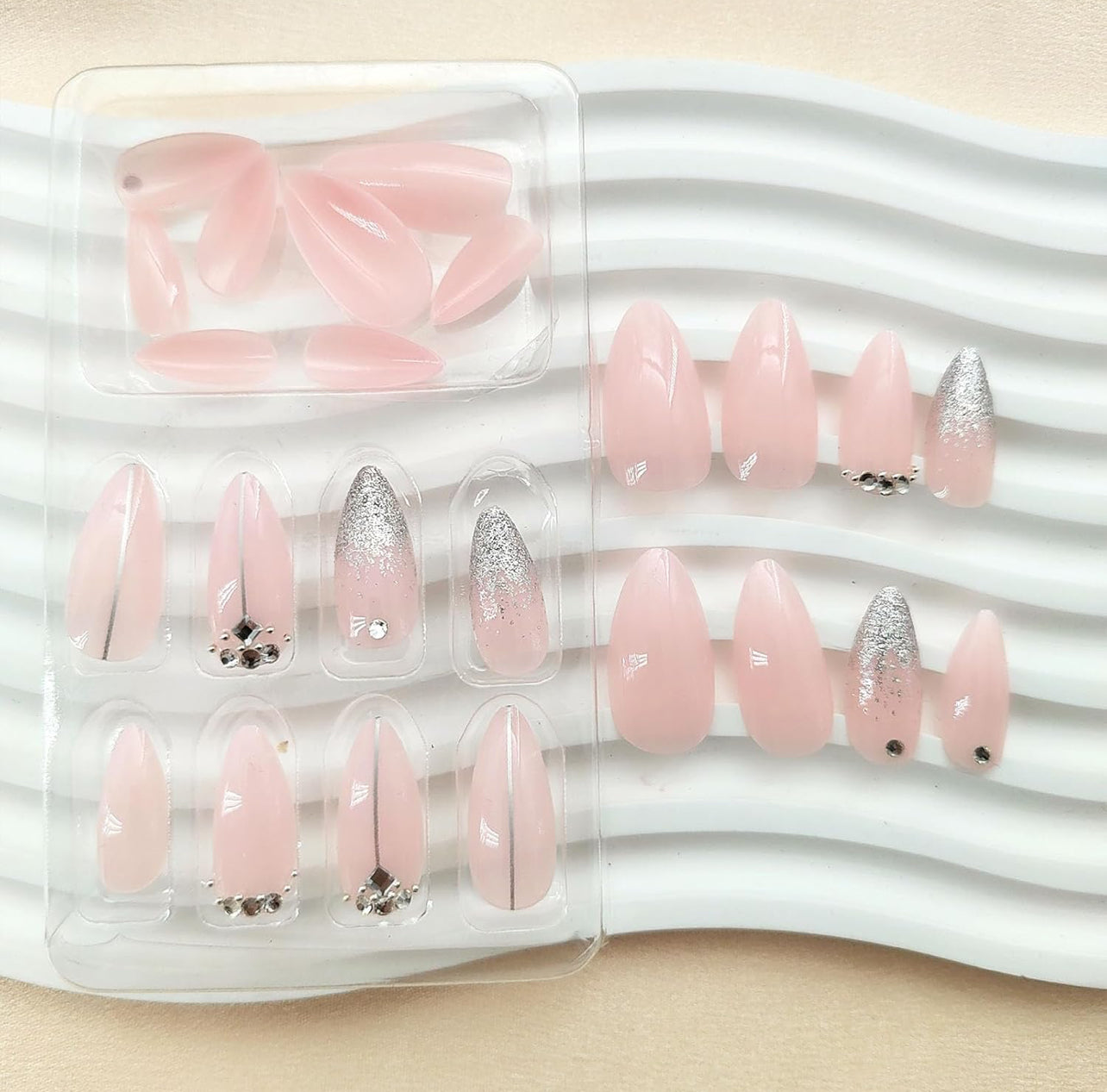 Chic Glitter and Rhinestones Almond French Tip Press on Nails- Free Shipping