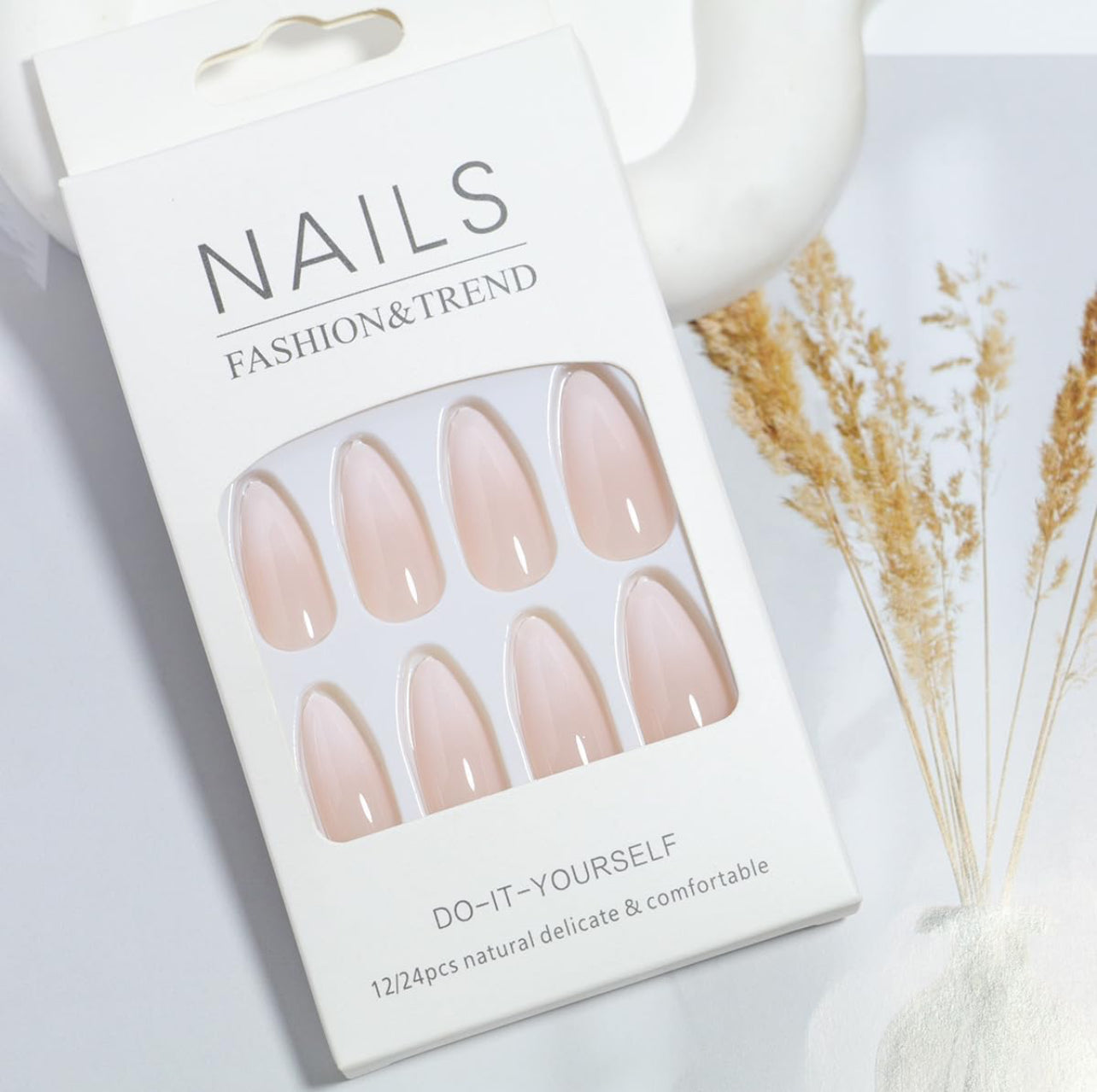 Chic White Pink Ombre Almond Press-On Nails Gradient Design - Free Shipping