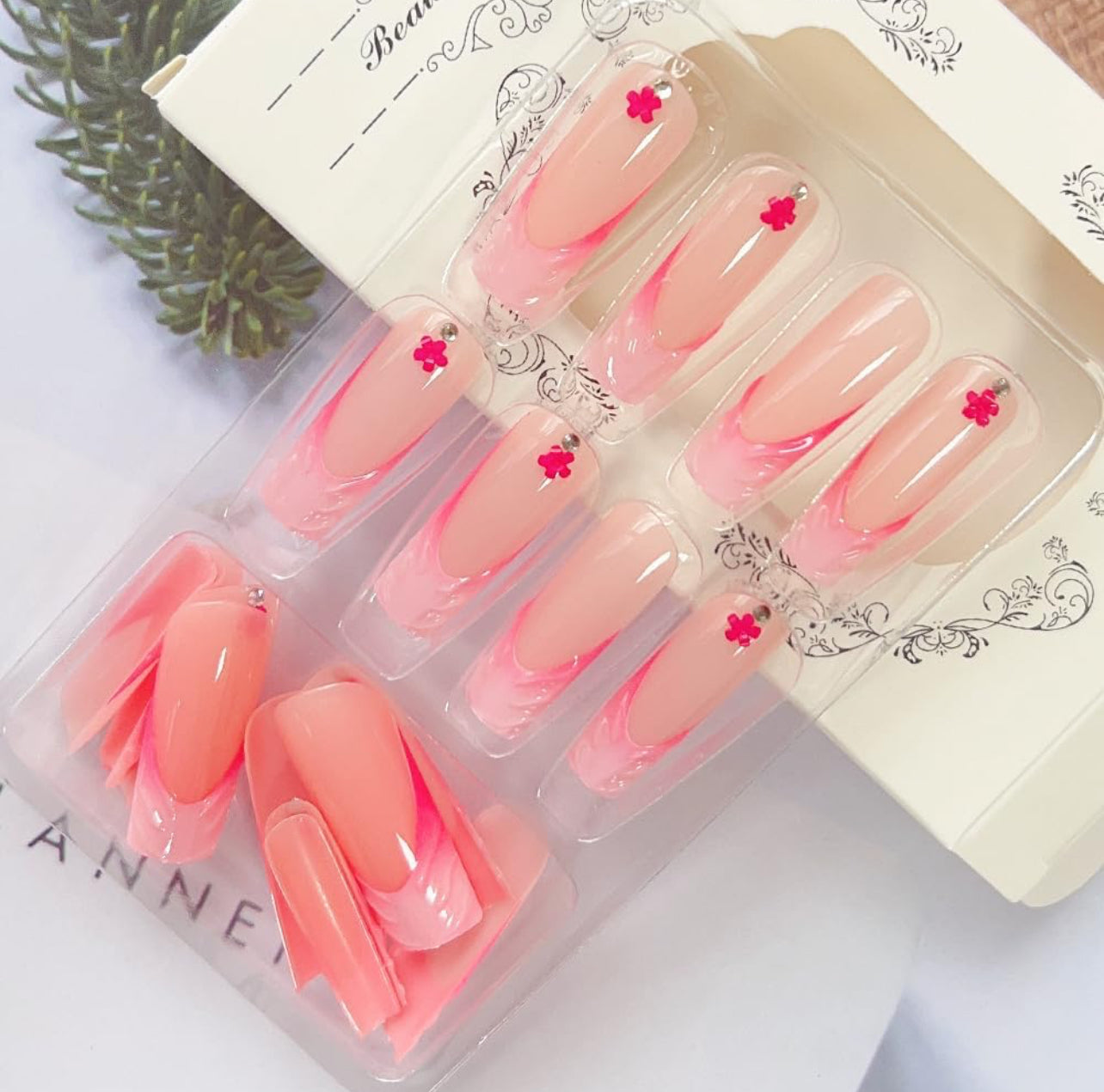 Chic Pink 3-D Wavy Edge Floral Accent Coffin Press-On Nails Fake Nails - Free Shipping