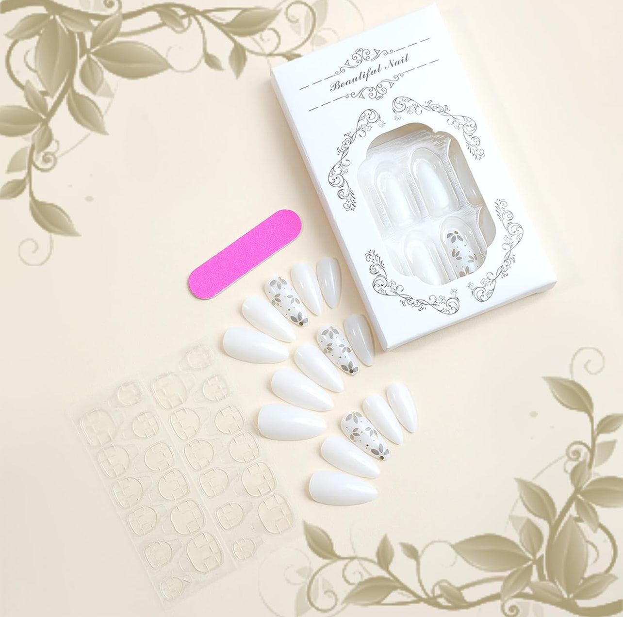 Stylish White Leaf Almond Press on Nails Fake Acrylic Gel on Nails - Free Shipping