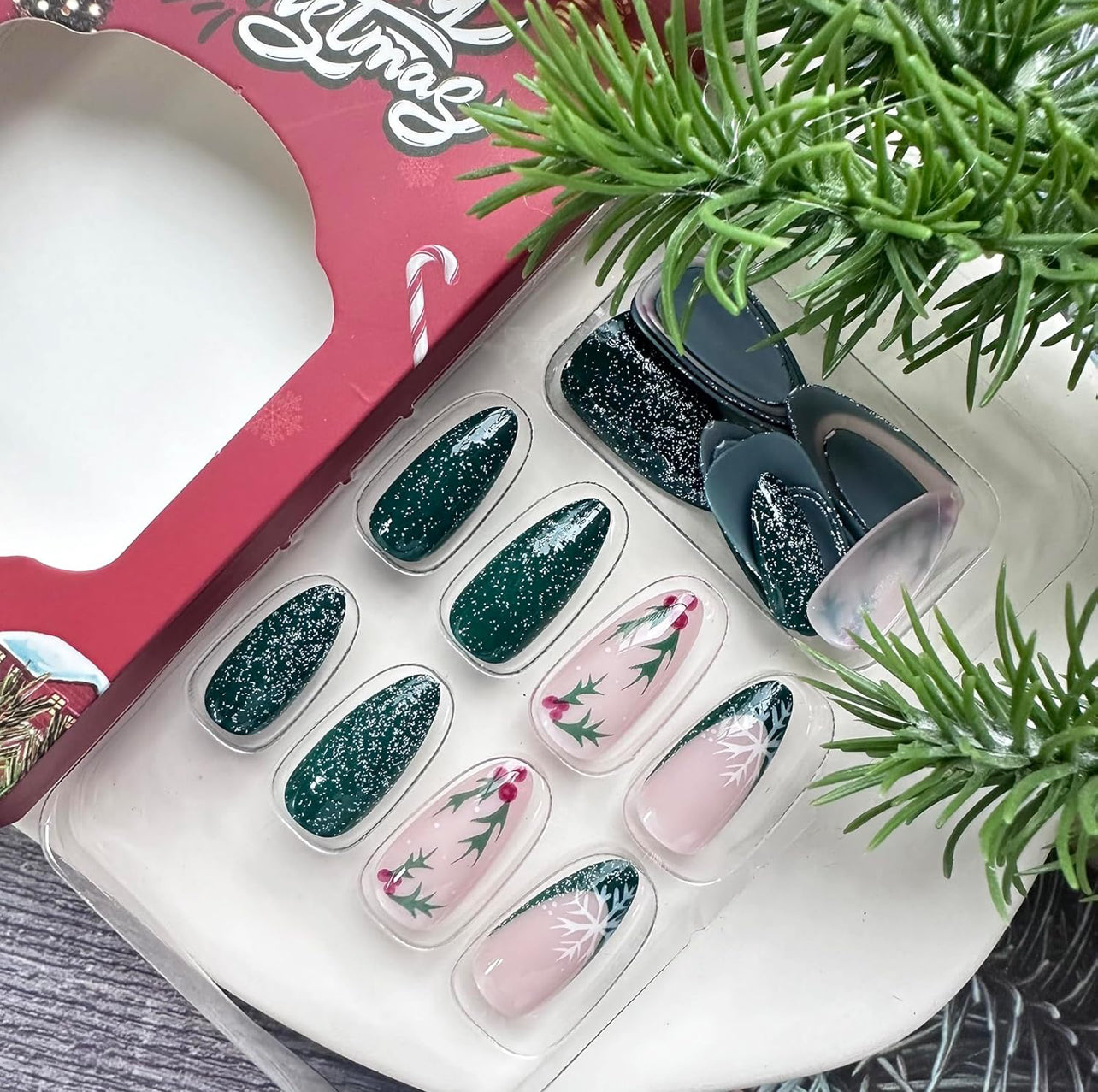 Holiday Cranberries Garland Glitter Stiletto Press-On Nails Acrylic False Nails-Free Shipping