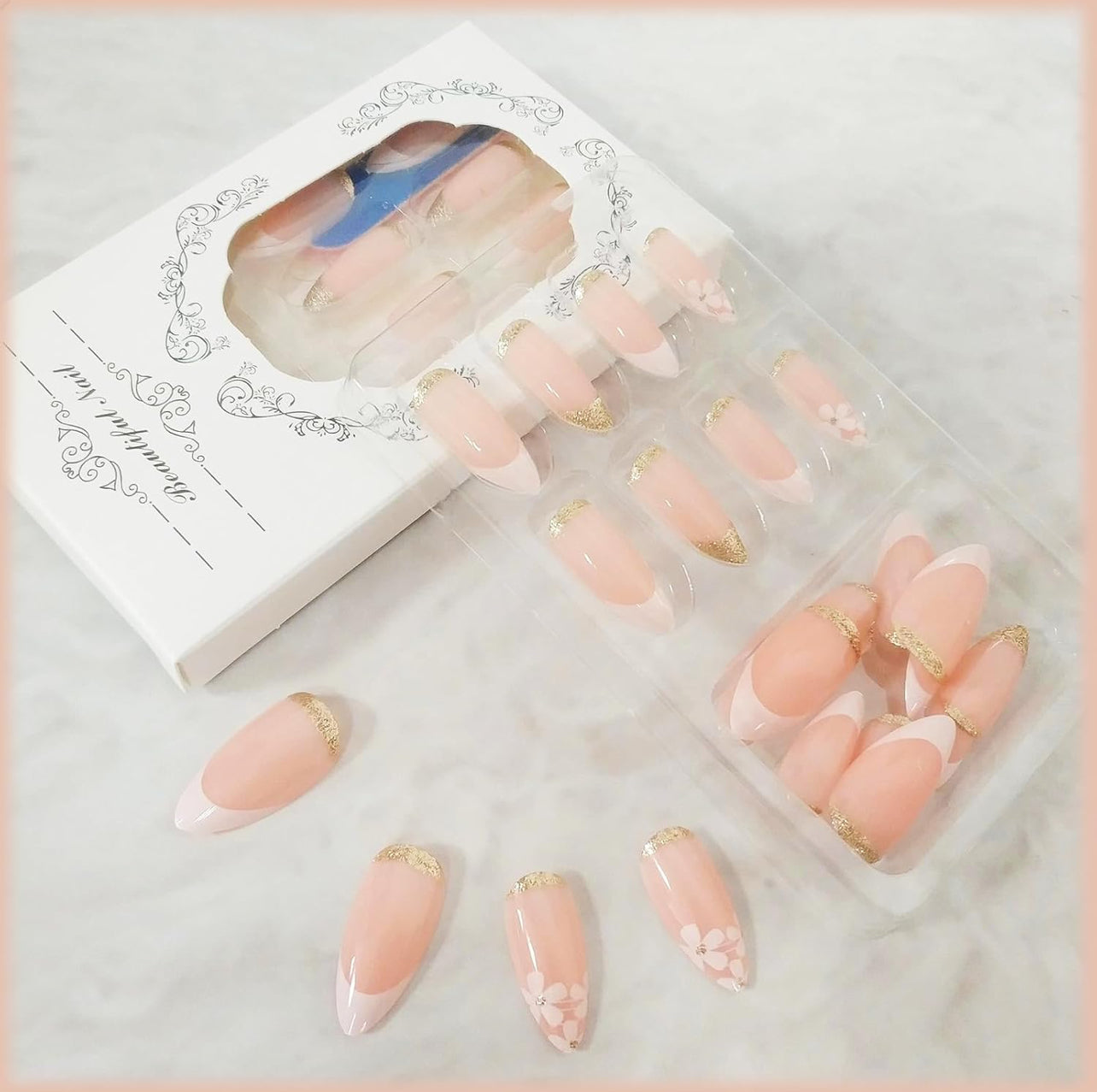 Elegant Gold Glitter Almond French Tip Press-On Fake Nails- Free Shipping