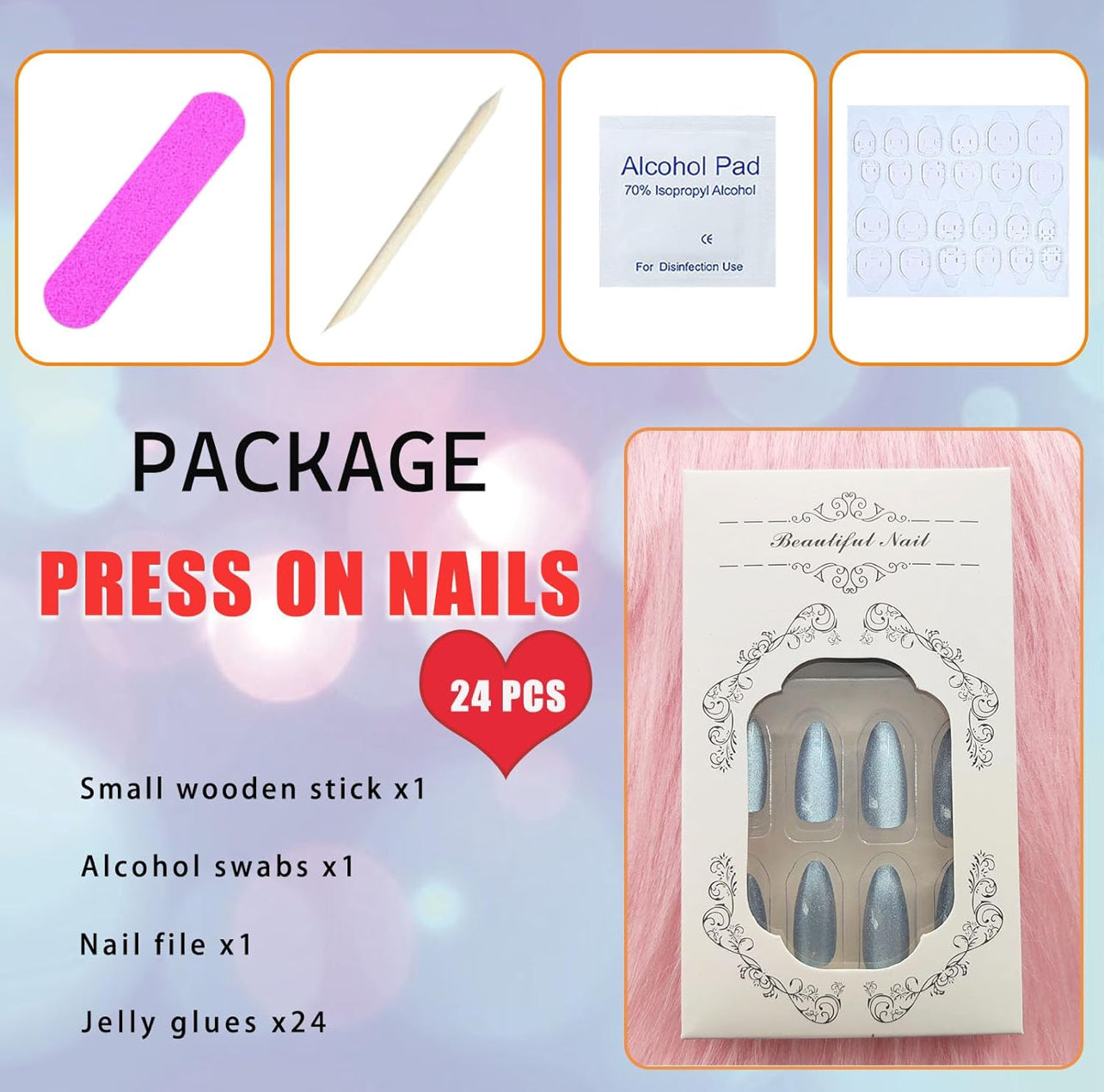 Cat Eye Glitter Almond Press on Acrylic Fake Nails-Free Shipping