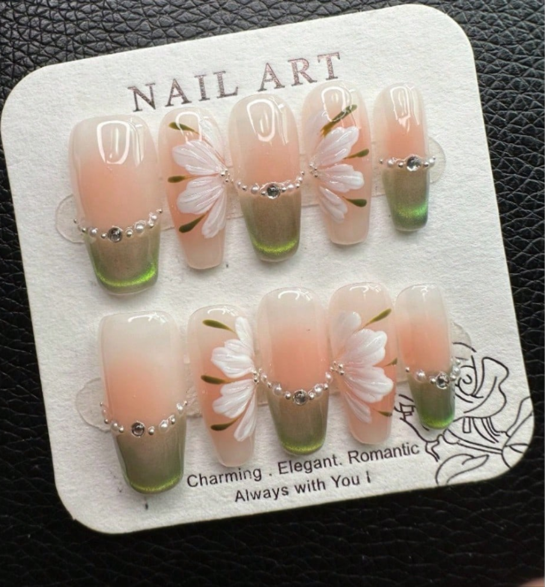 Chic Green White Ombre Floral 3D Pearl Handcrafted Press-On Nails Acrylic False Nails-Free Shipping